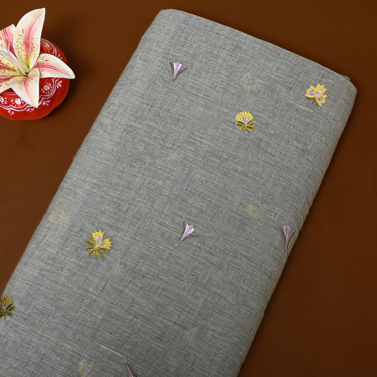 Dark Gray With Mustard Thread Work Butti Cotton Fabric