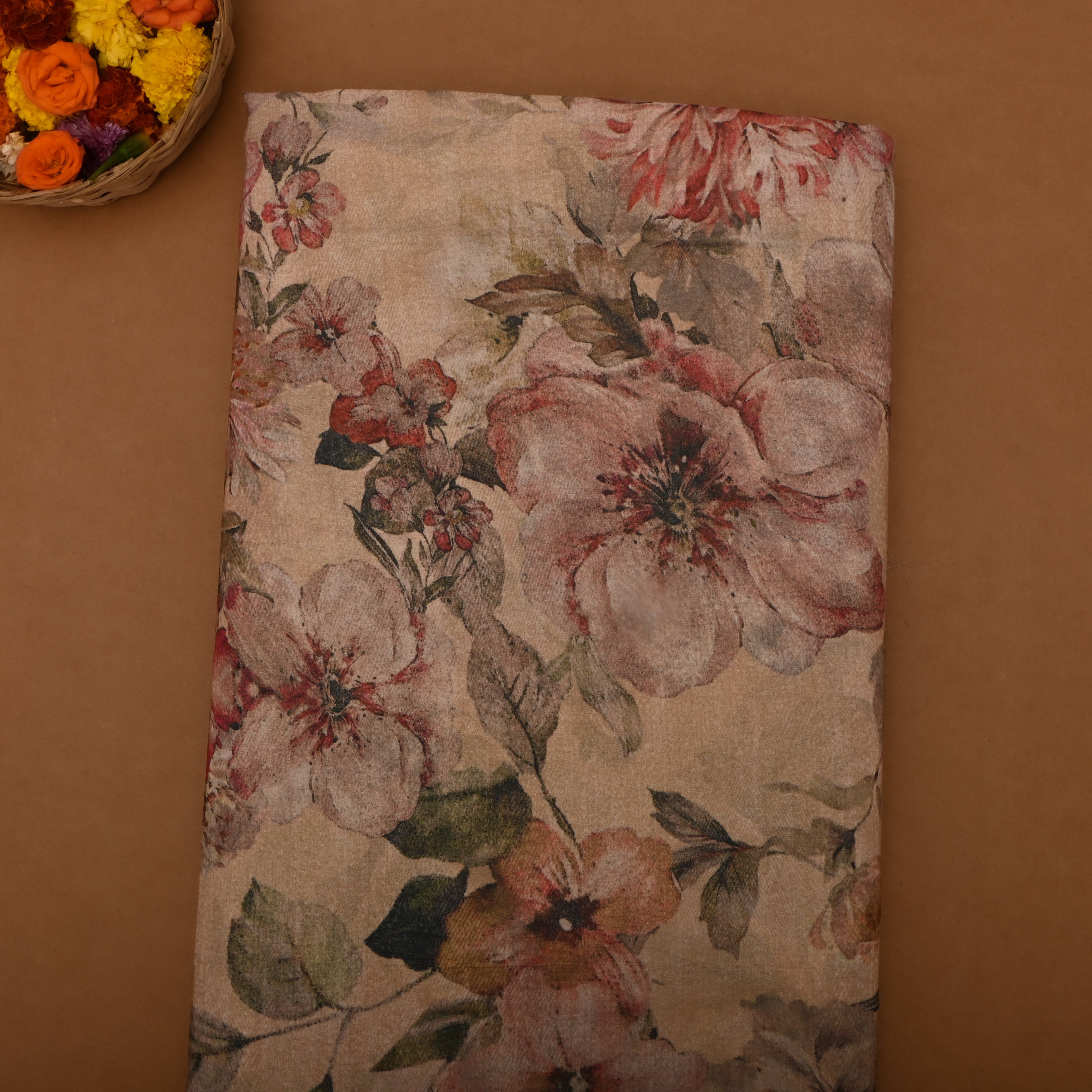 Biscuit Brown Tissue Fabric With Floral Prints