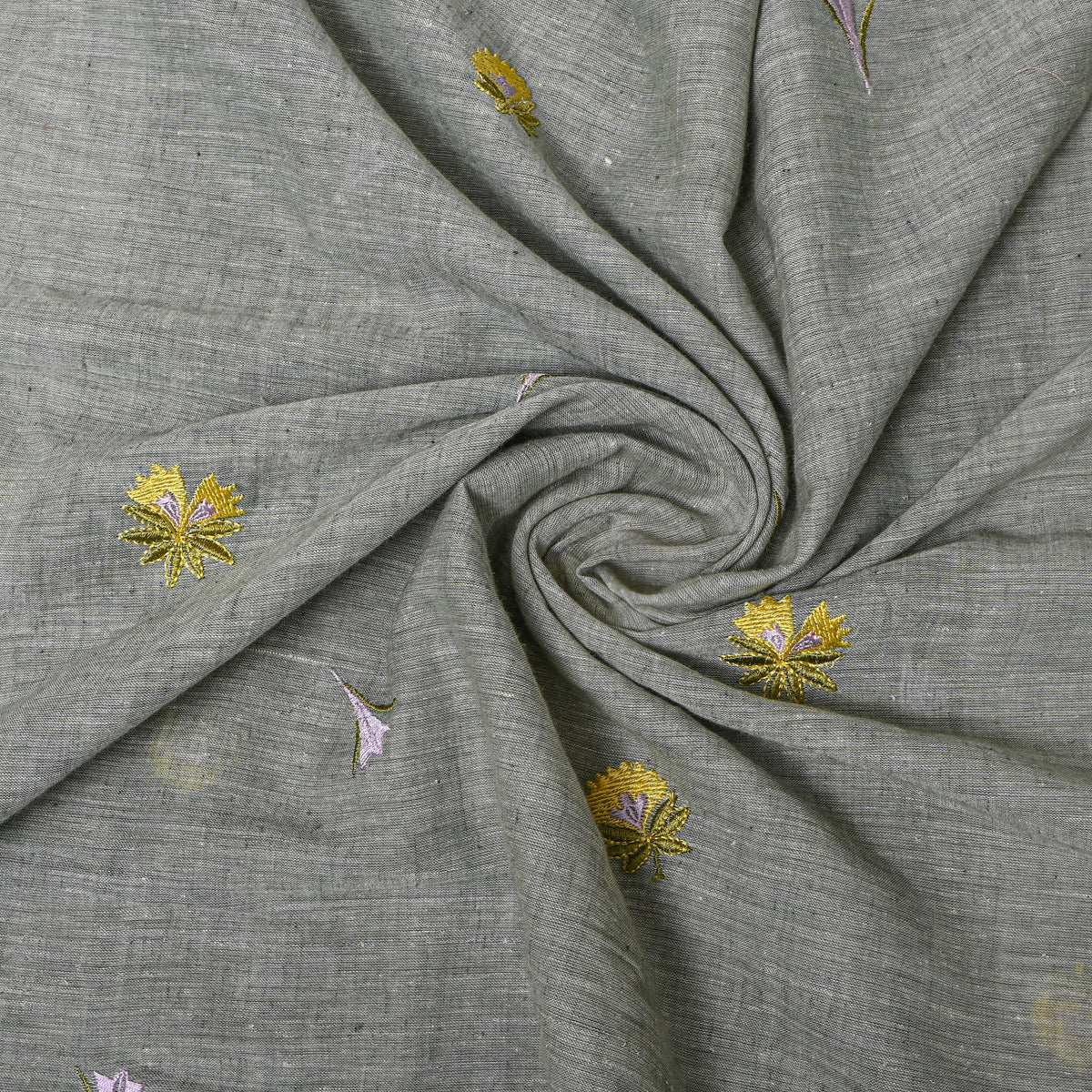 Dark Gray With Mustard Thread Work Butti Cotton Fabric