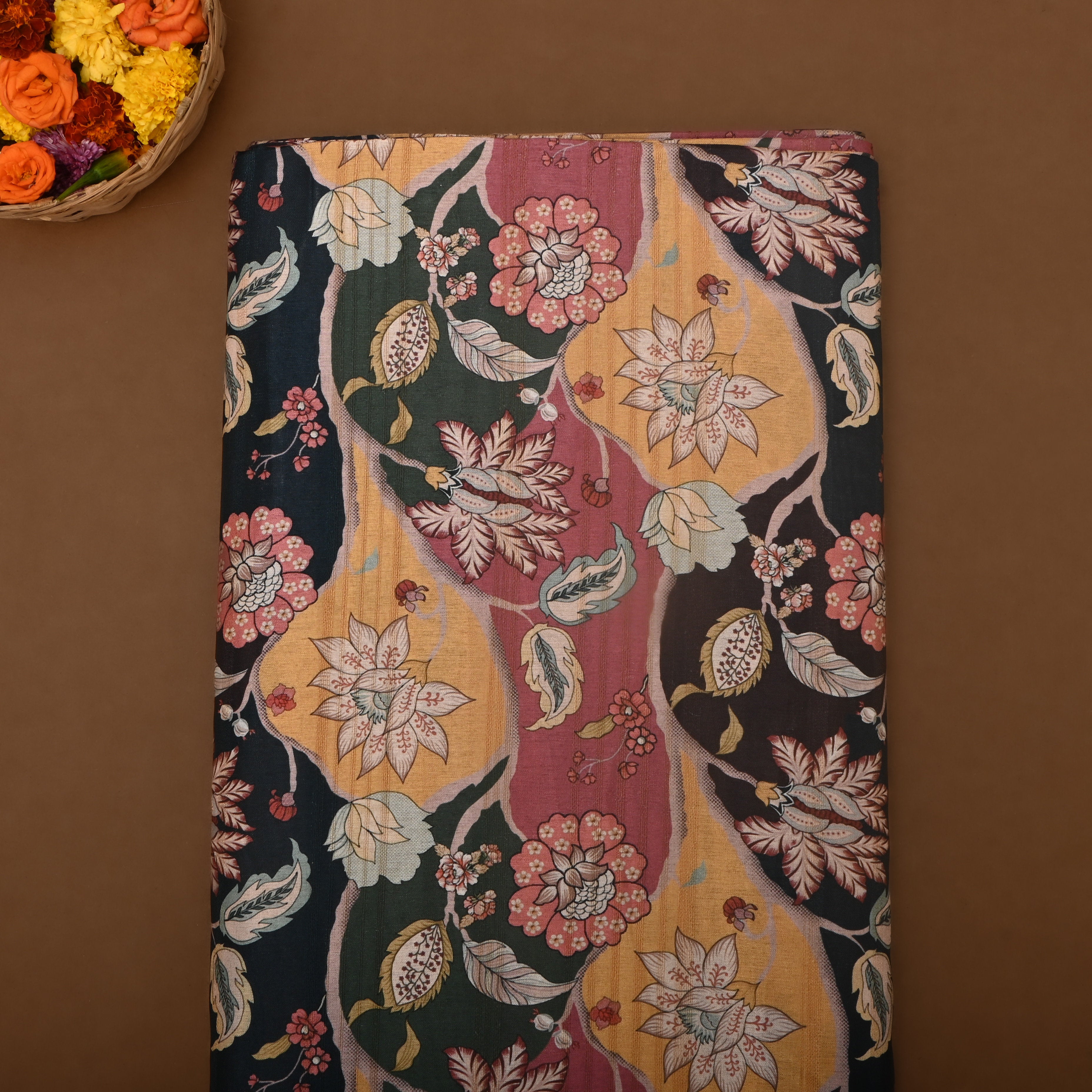 Multi-Color Tussar Fabric With Floral Prints