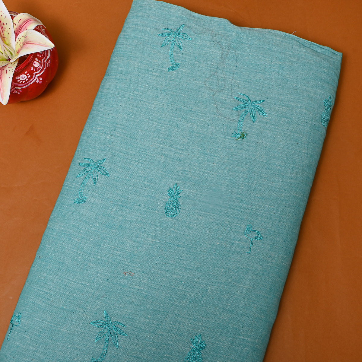 Mint Blue With Light Blue Tropical Embroidery