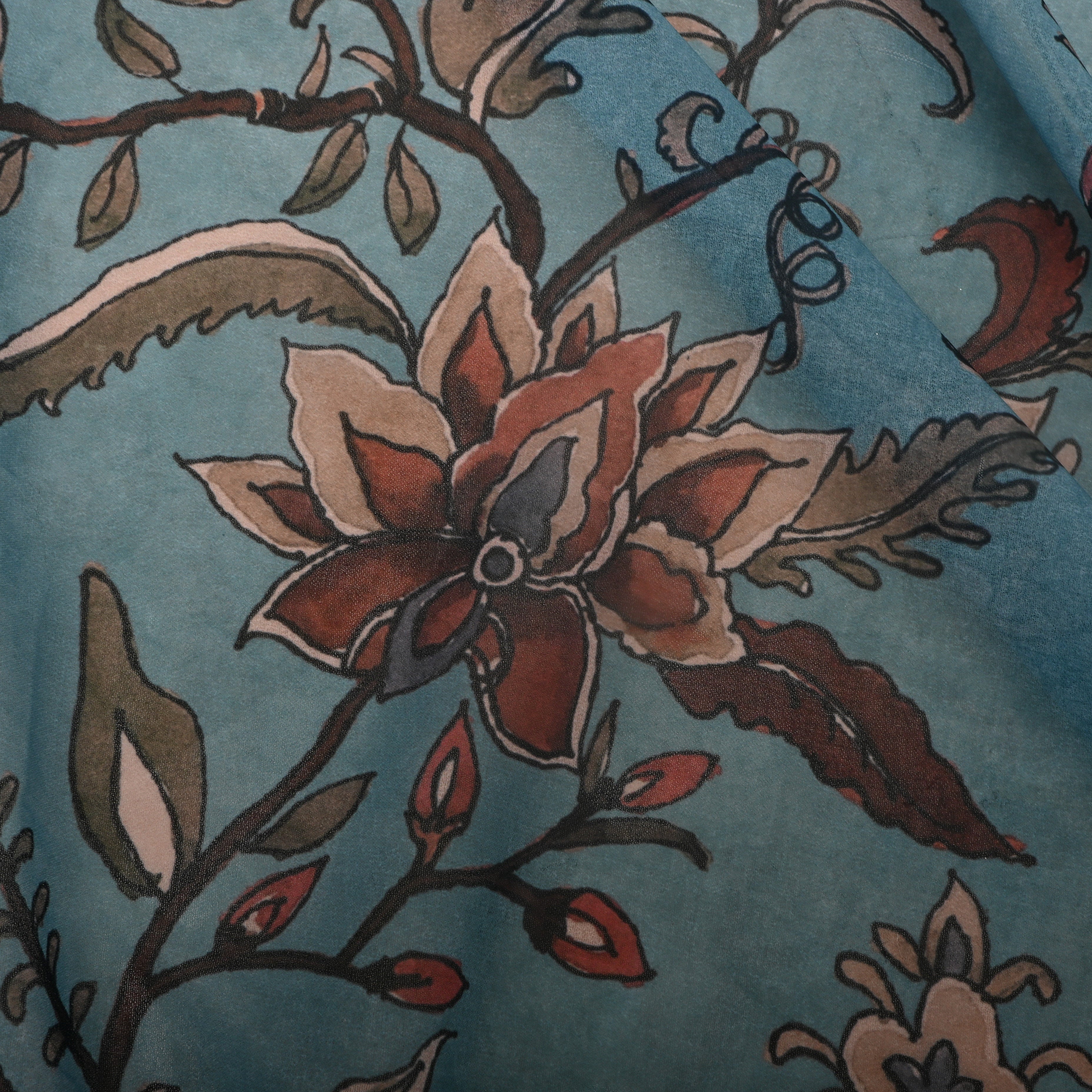 Grey Blue Silk Fabric With Digital Prints