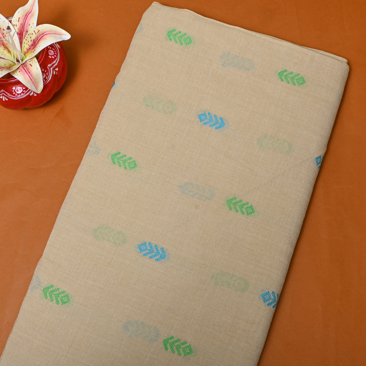 Beige Floral Butti Woven Cotton Fabric