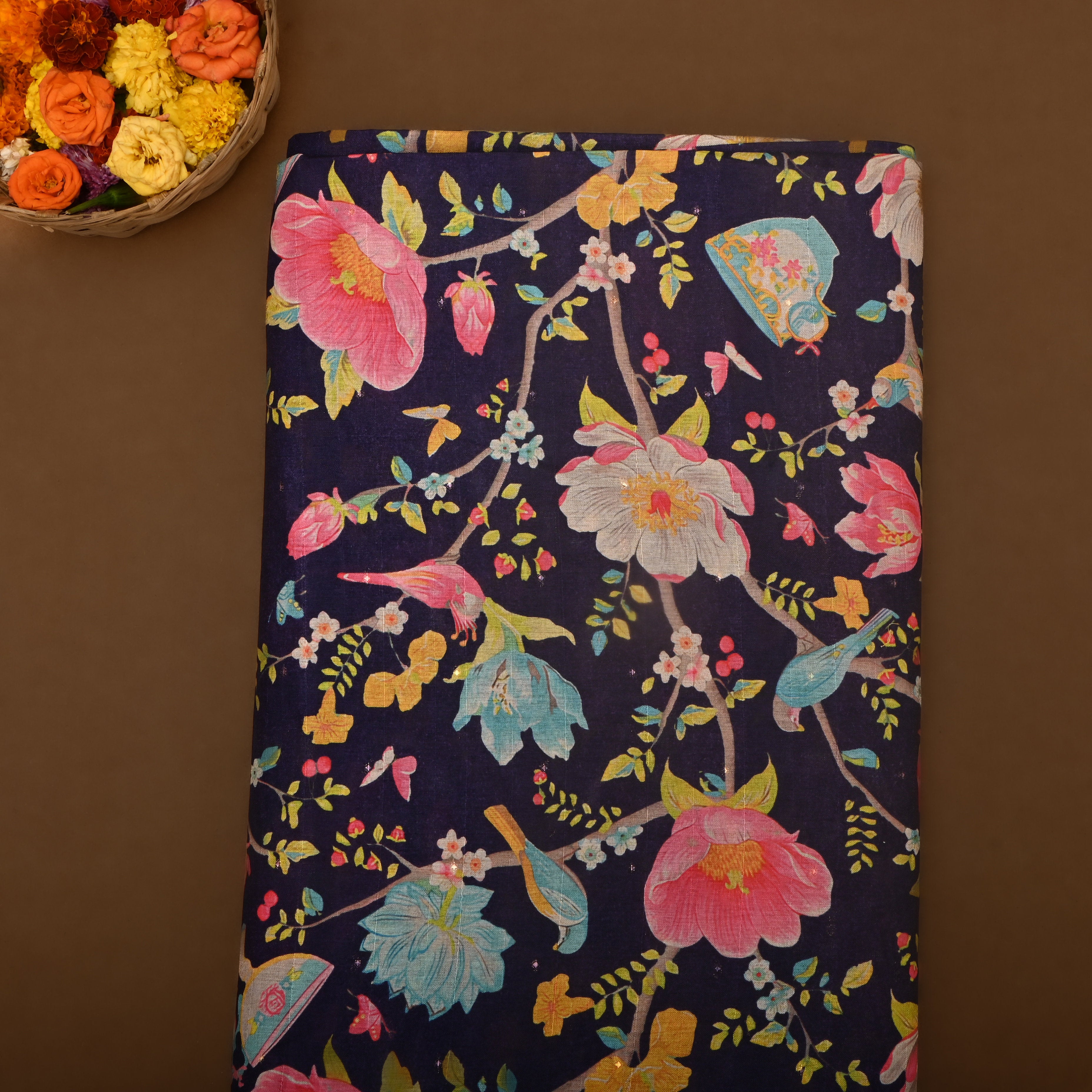 Deep Violet Tussar Fabric With Floral Prints