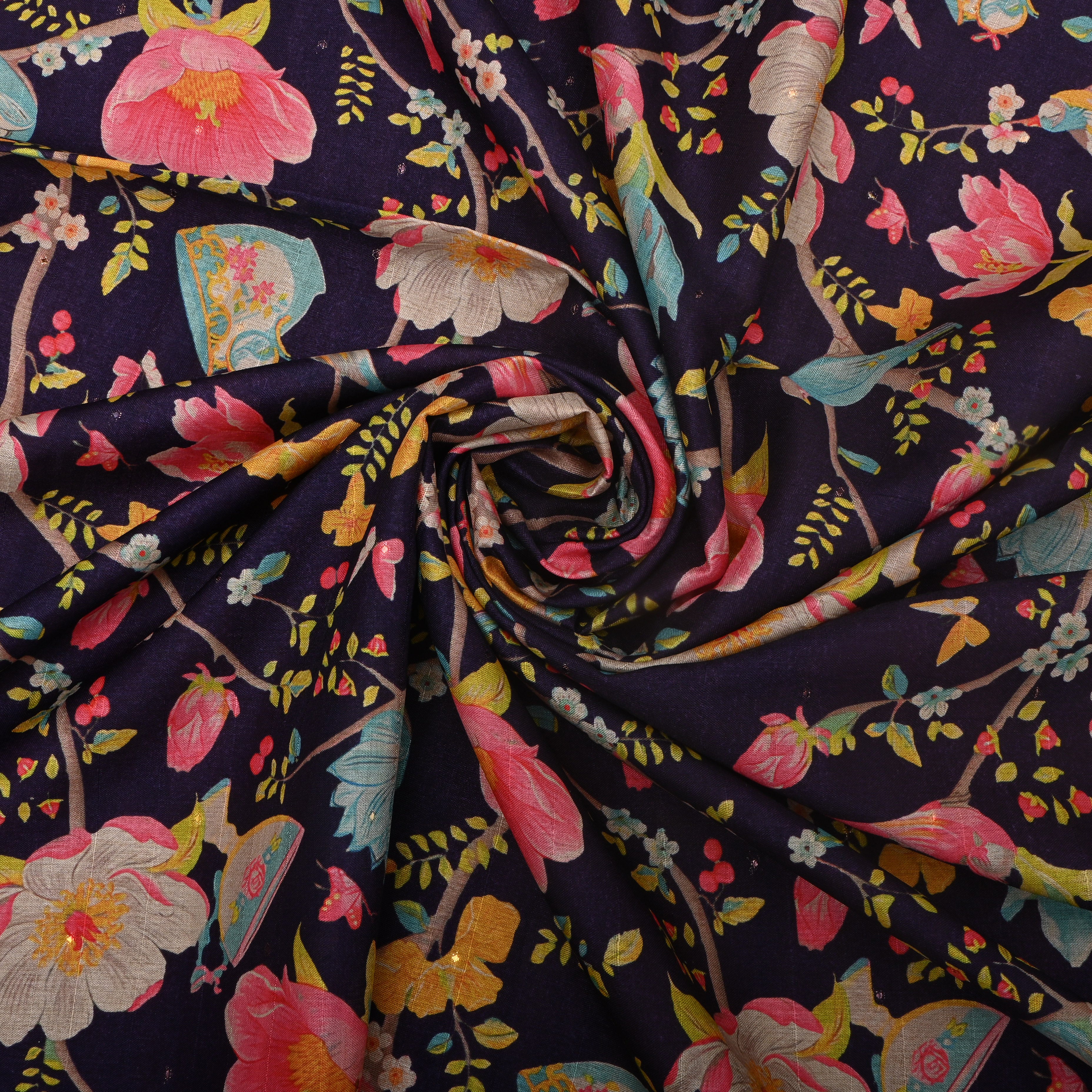 Deep Violet Tussar Fabric With Floral Prints