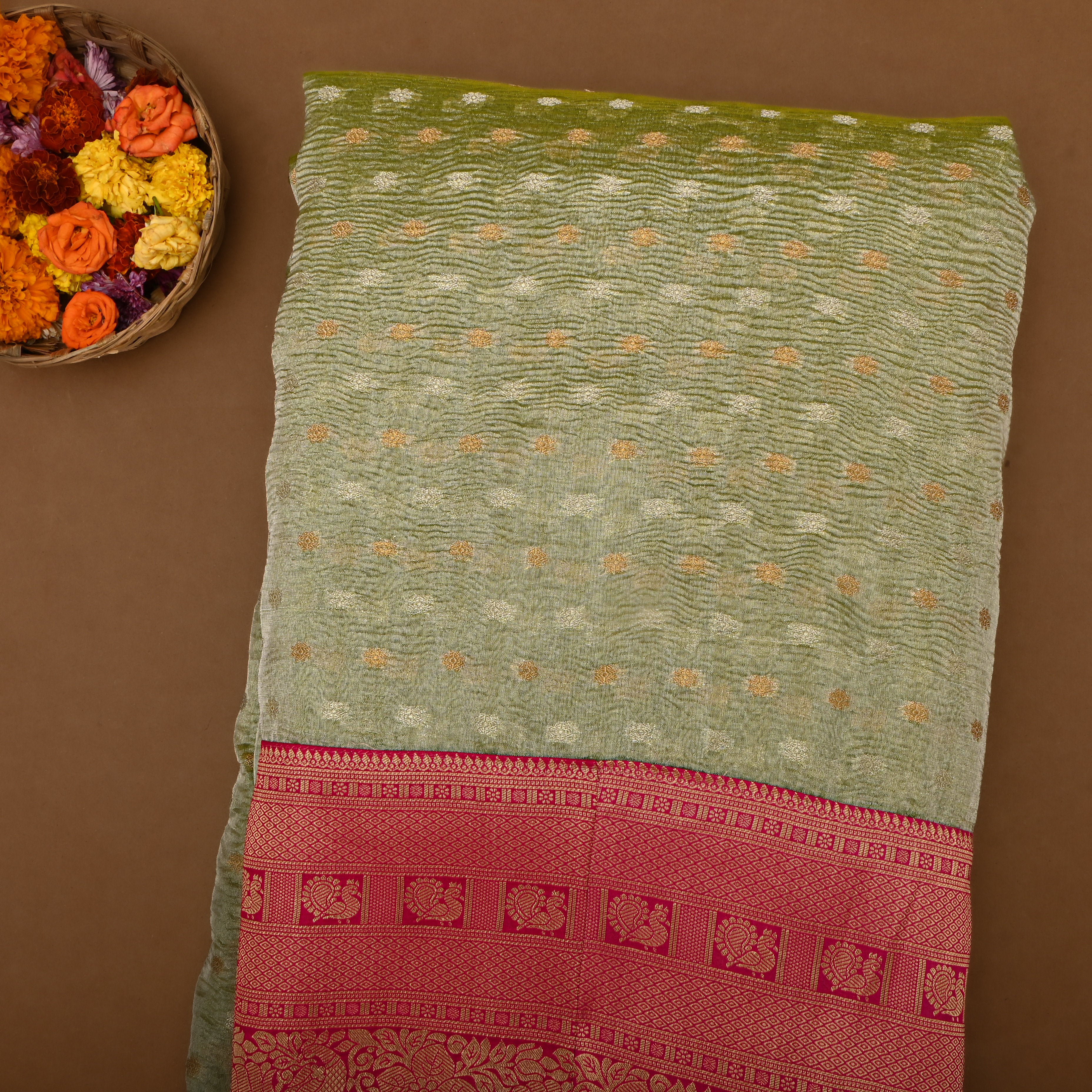 Pista Green Jamawar Tissue Fabric With Contrast Border