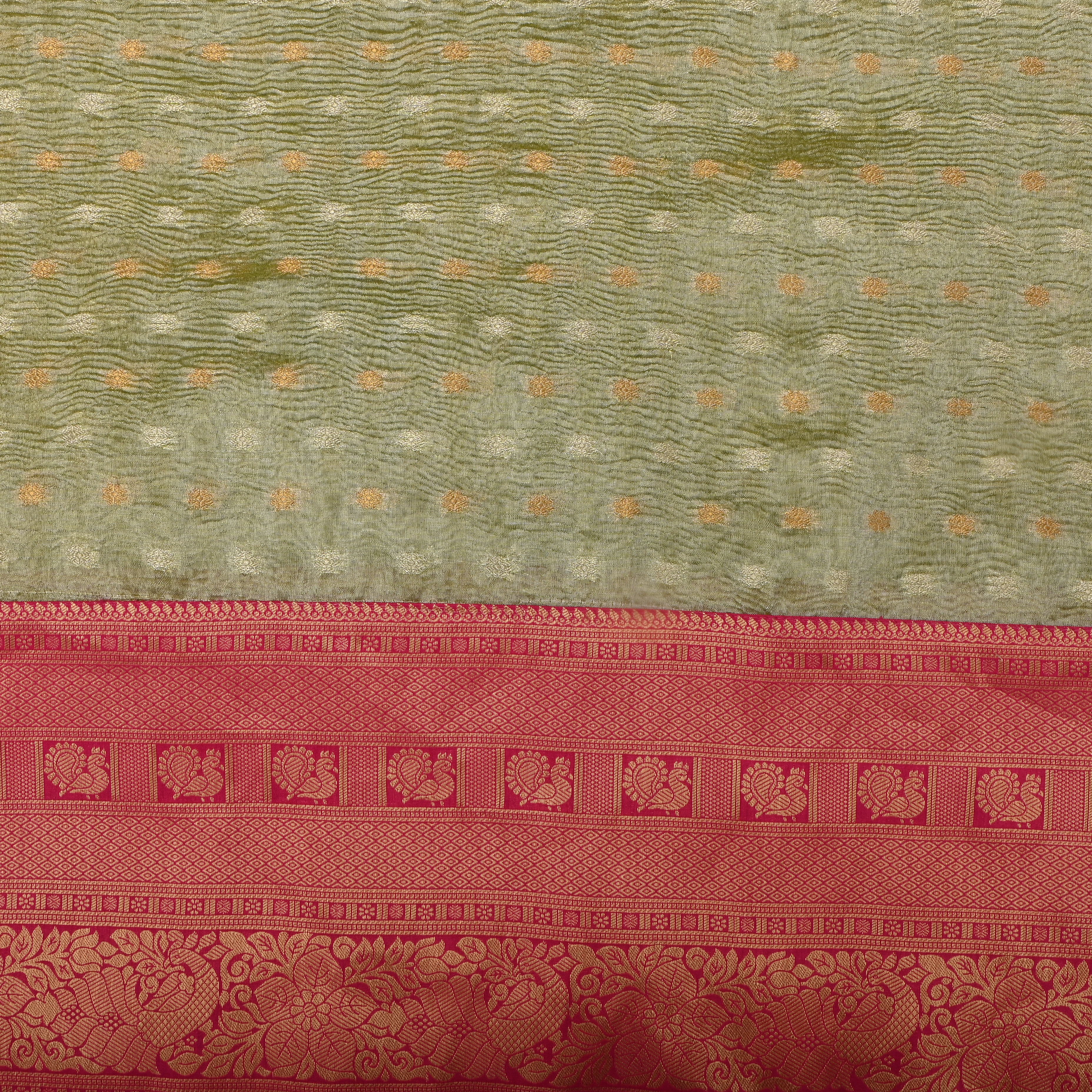 Pista Green Jamawar Tissue Fabric With Contrast Border