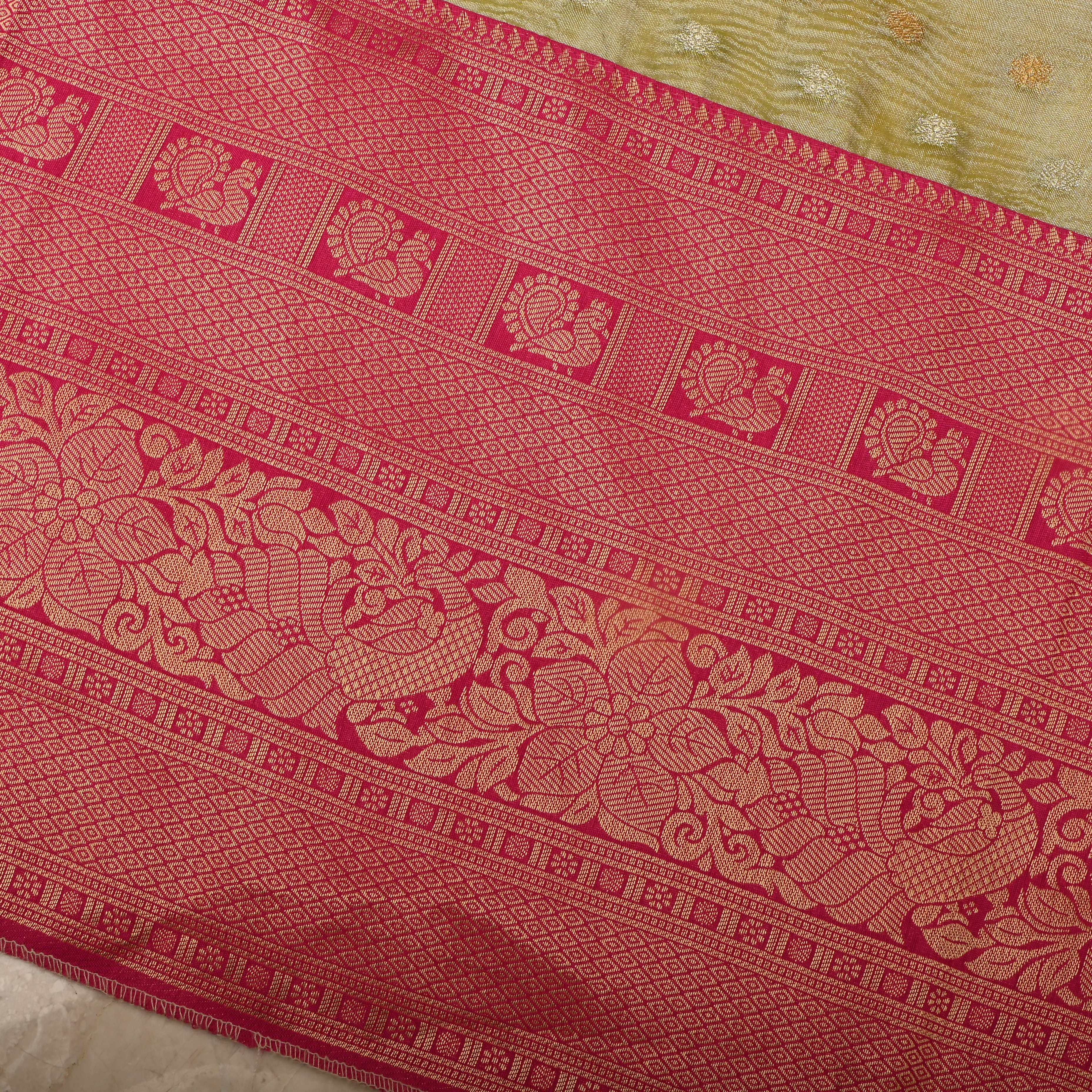 Pista Green Jamawar Tissue Fabric With Contrast Border