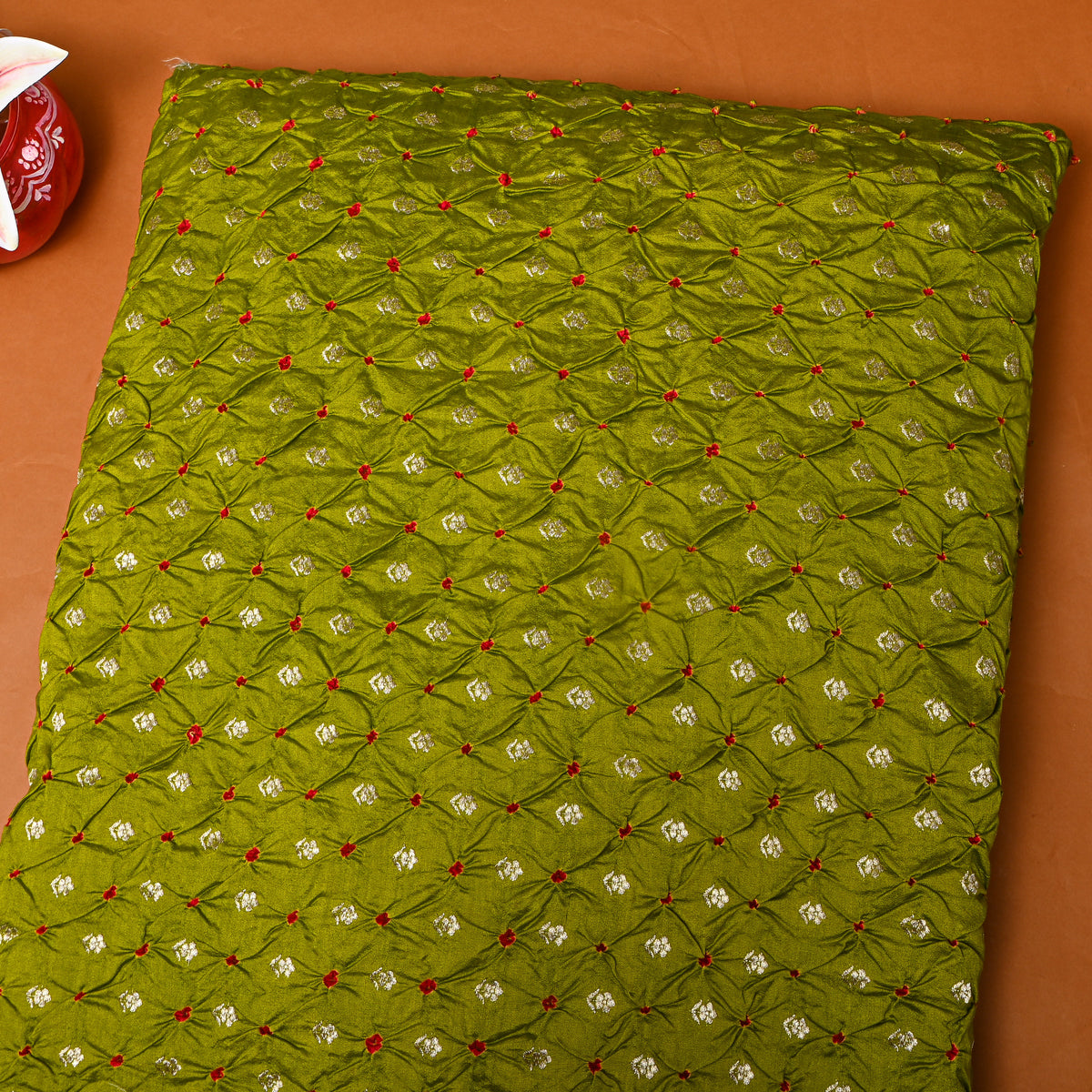 Bottle Green Silver Zari Butti Bandhani Fabric