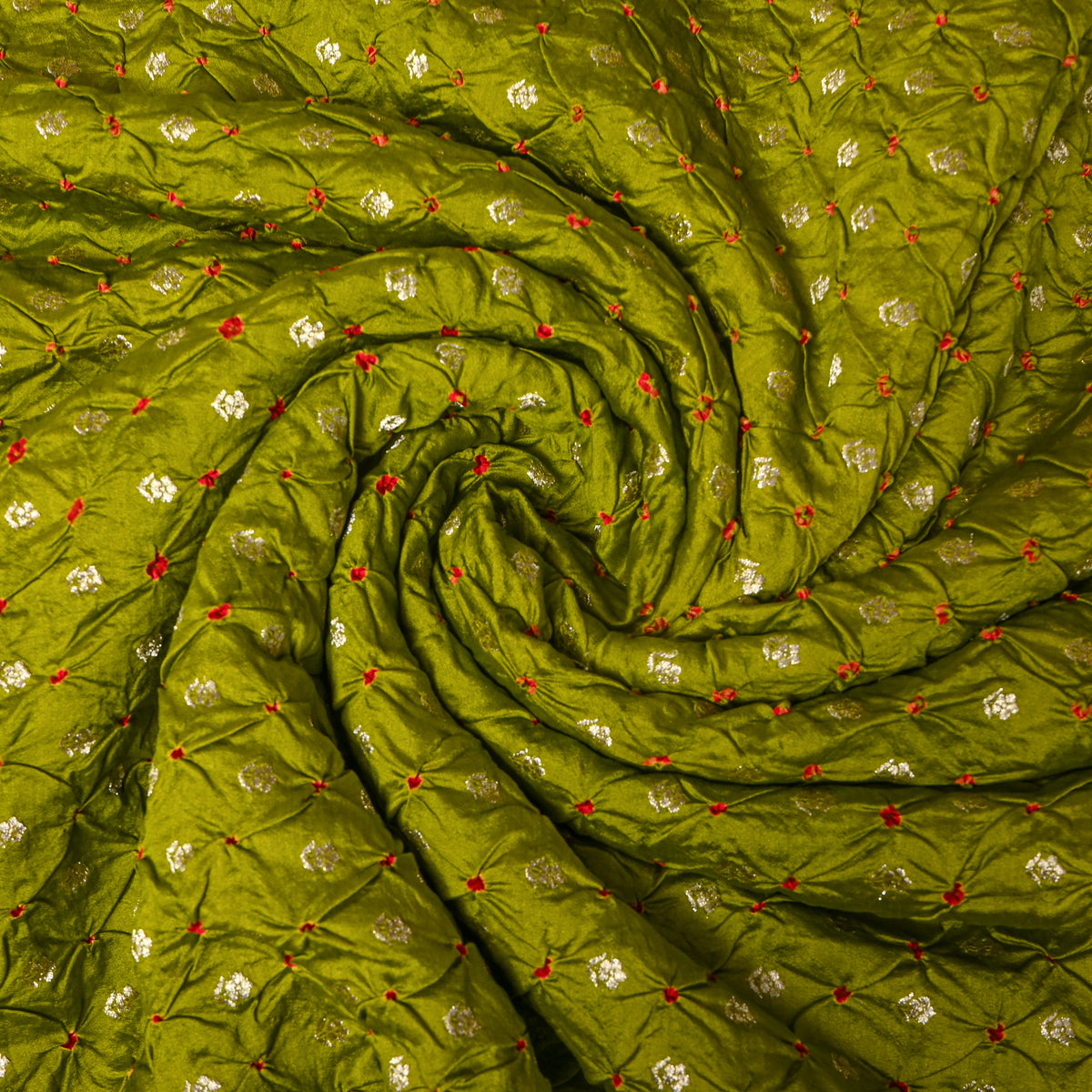 Bottle Green Silver Zari Butti Bandhani Fabric