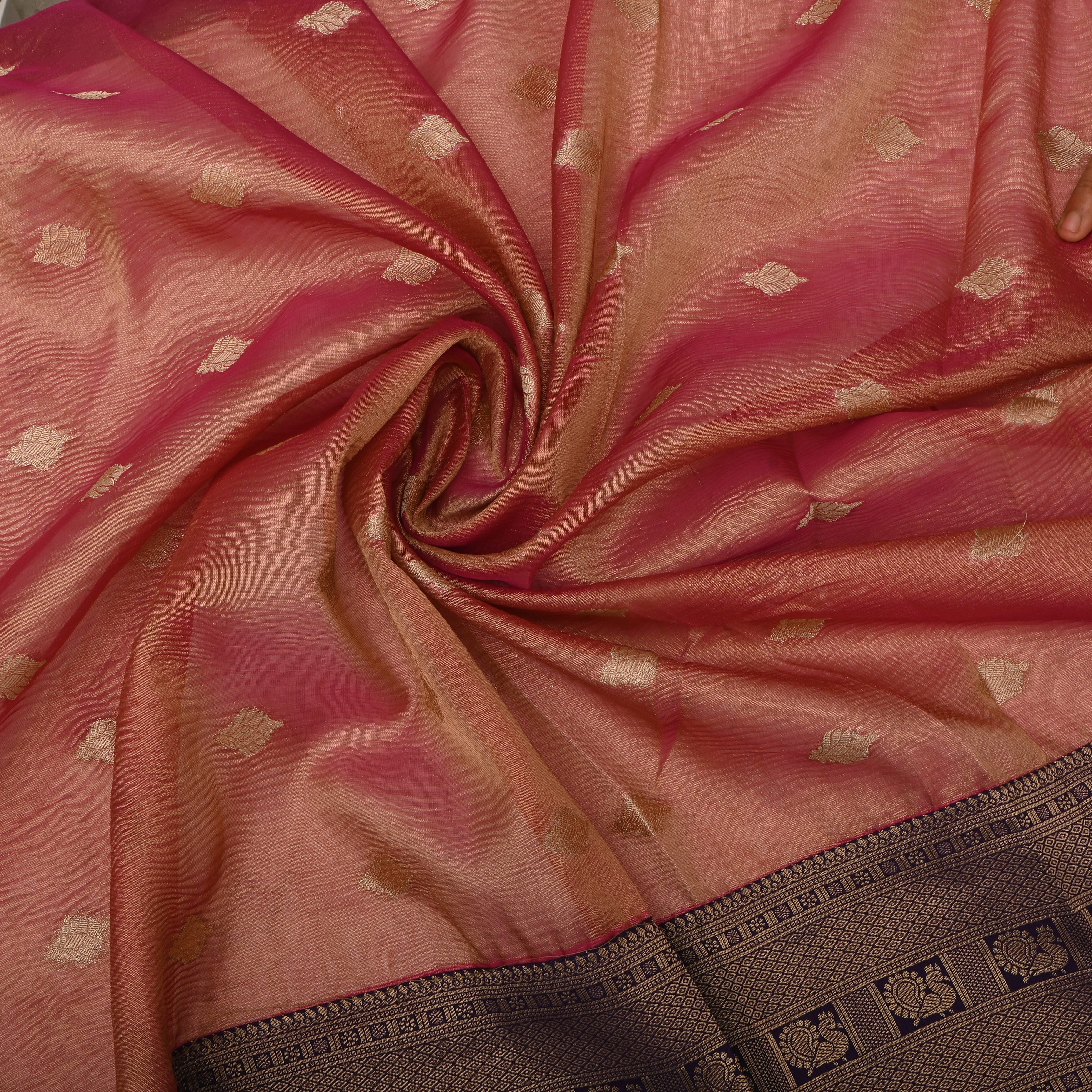 Salmon Peach Jamawar Tissue Fabric With Contrast Border