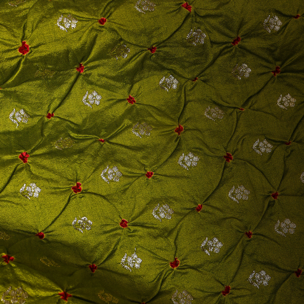 Bottle Green Silver Zari Butti Bandhani Fabric