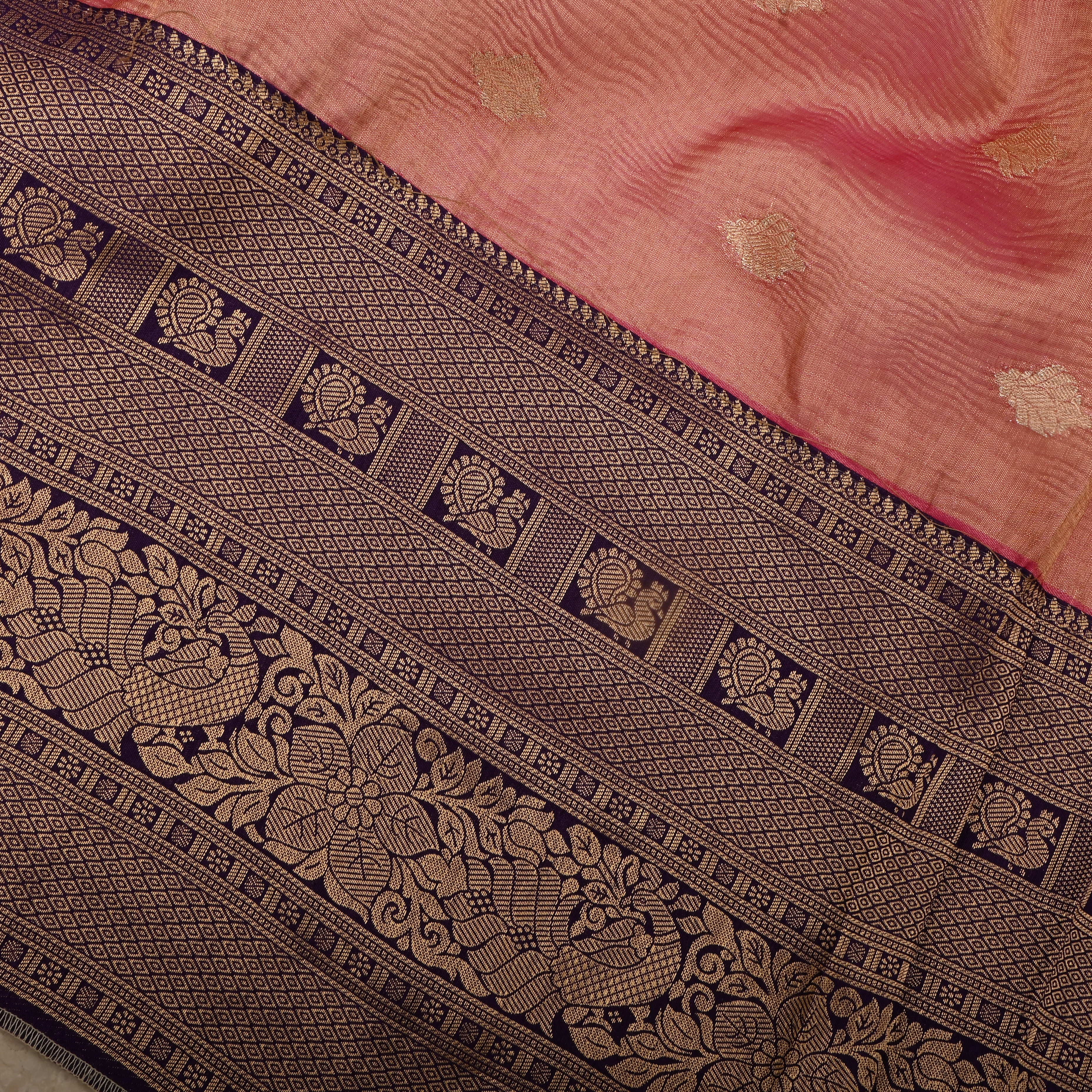 Salmon Peach Jamawar Tissue Fabric With Contrast Border