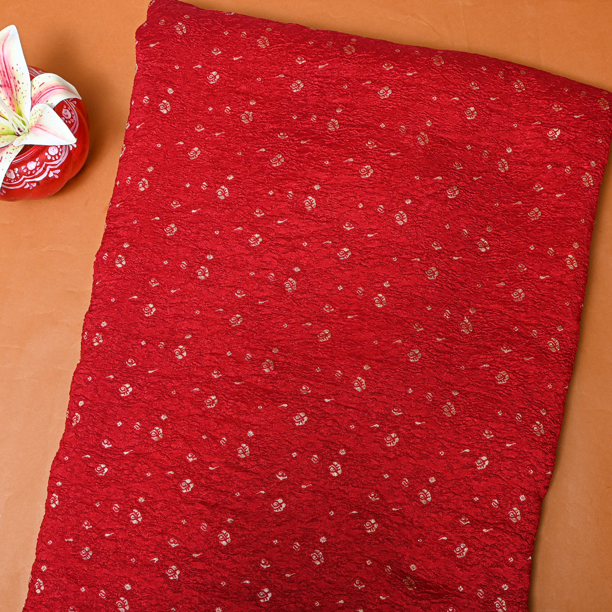 Crimson Red Gold Zari Butti Jamawar Silk Fabric