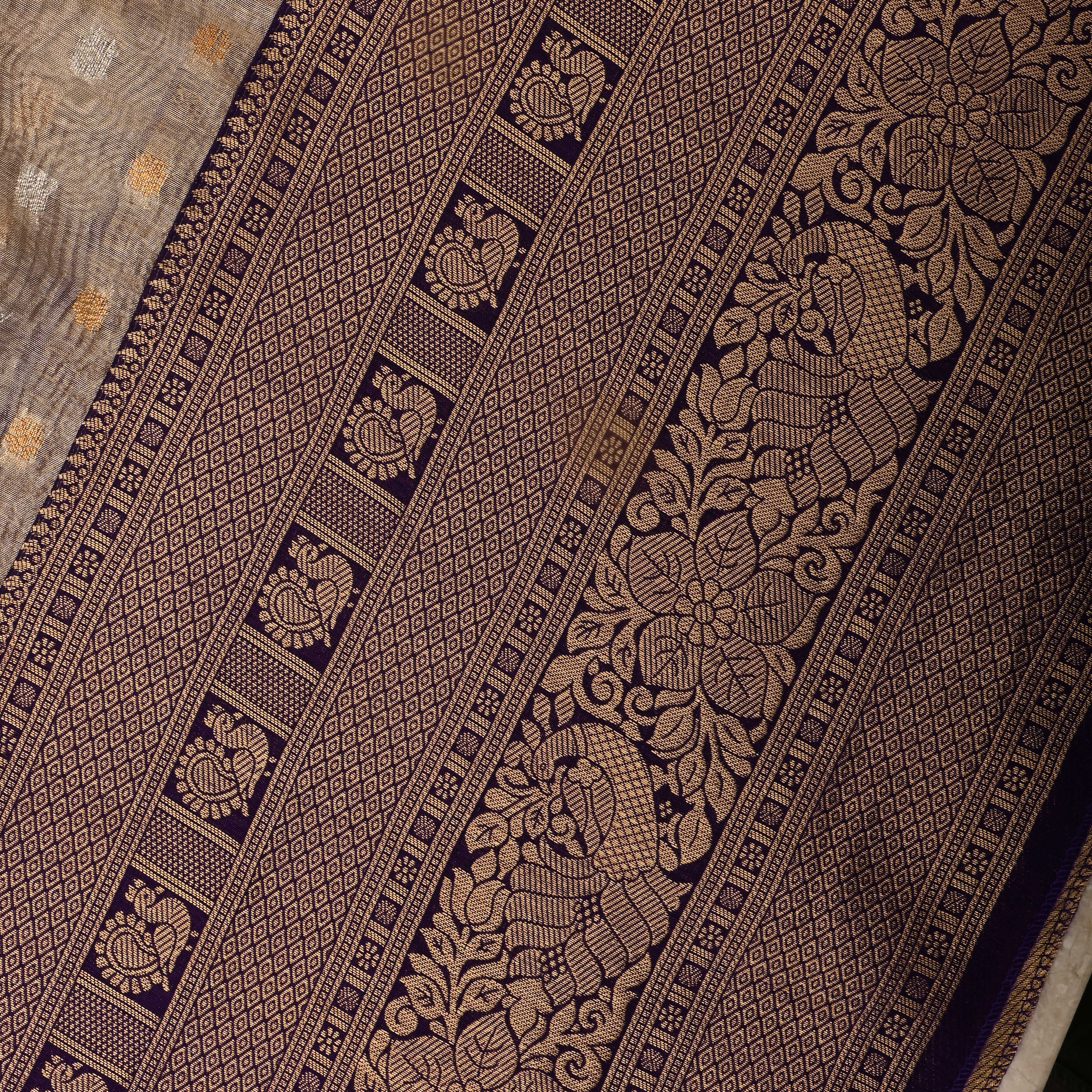 Almond Beige Jamawar Tissue Fabric With Contrast Border