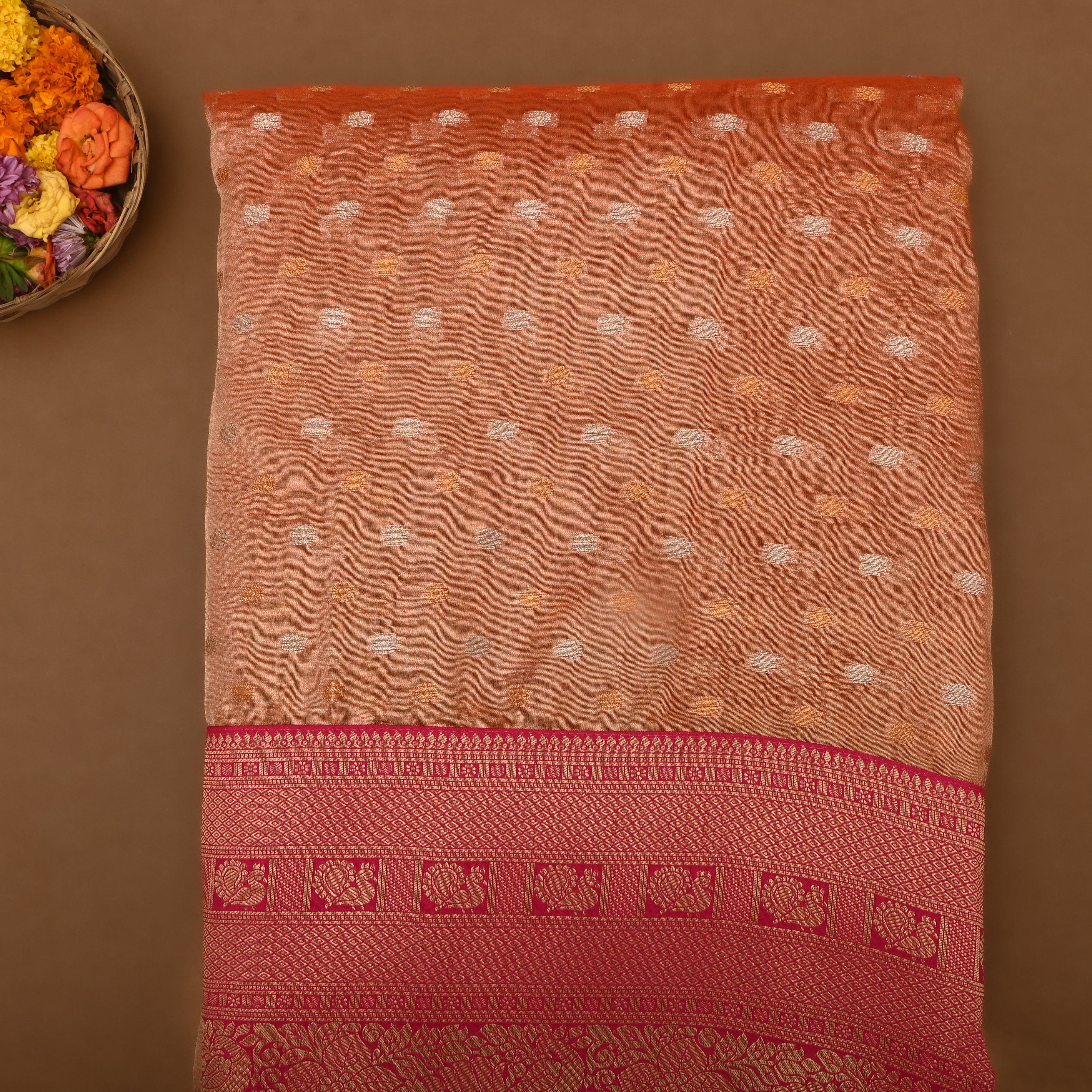Light Salmon Jamawar Tissue Fabric With Contrast Border