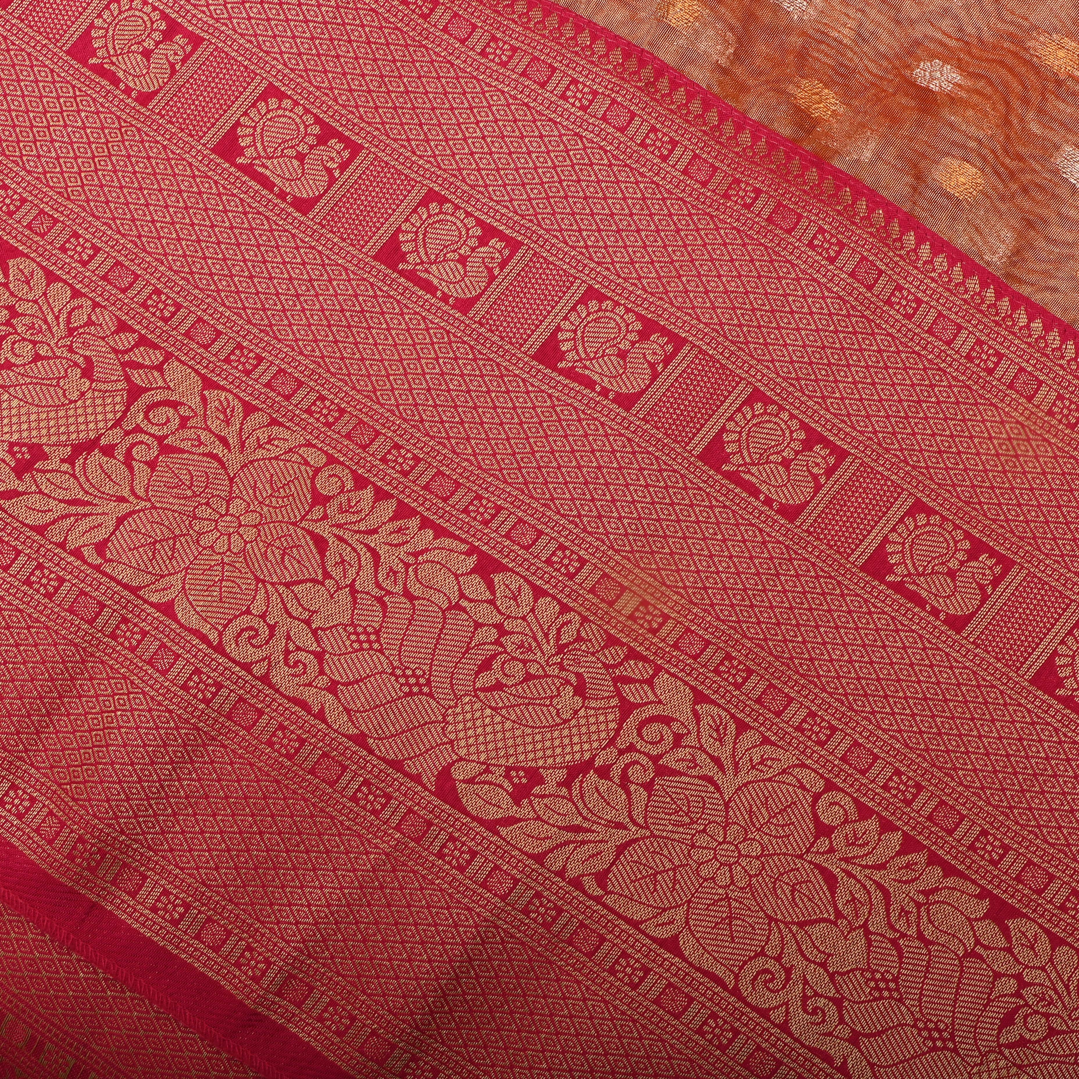 Light Salmon Jamawar Tissue Fabric With Contrast Border