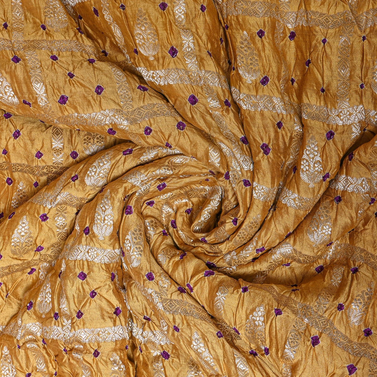 Mustard Yellow Gold Zari Bandhani Fabric