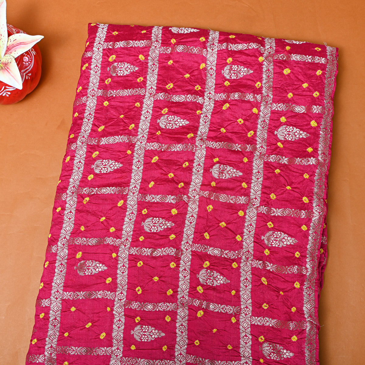 Dark Pink Silver Bandhani Butti Fabric