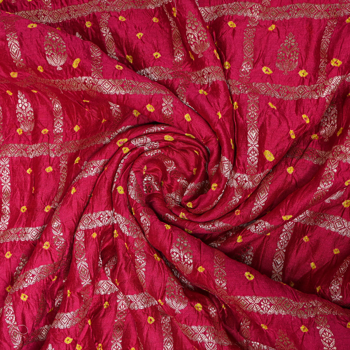 Dark Pink Silver Bandhani Butti Fabric