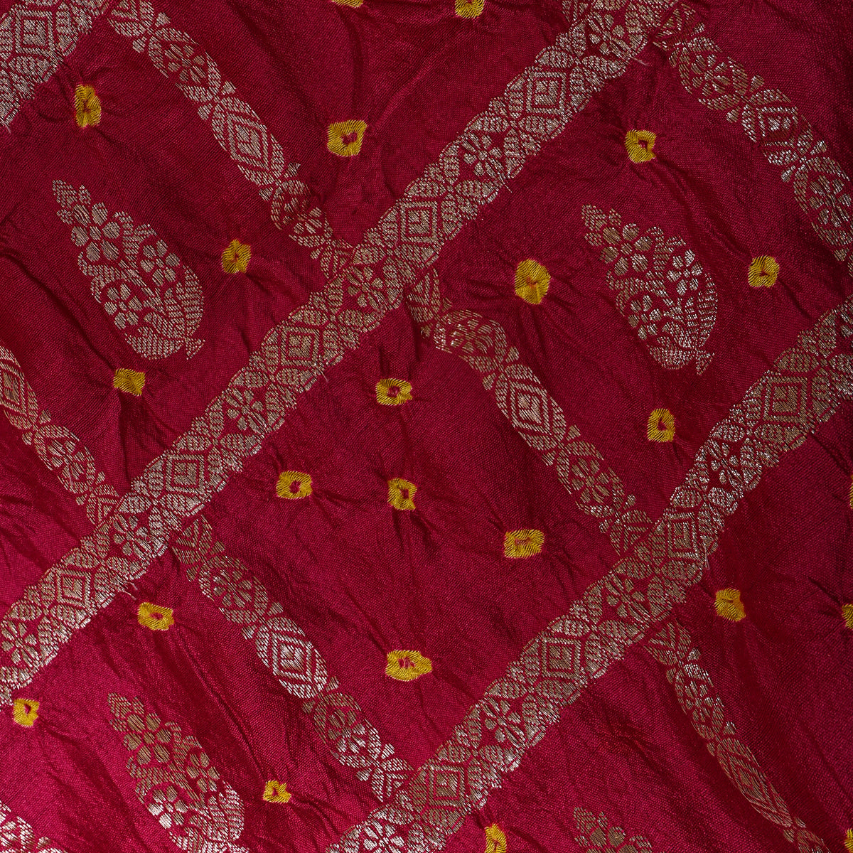 Dark Pink Silver Bandhani Butti Fabric
