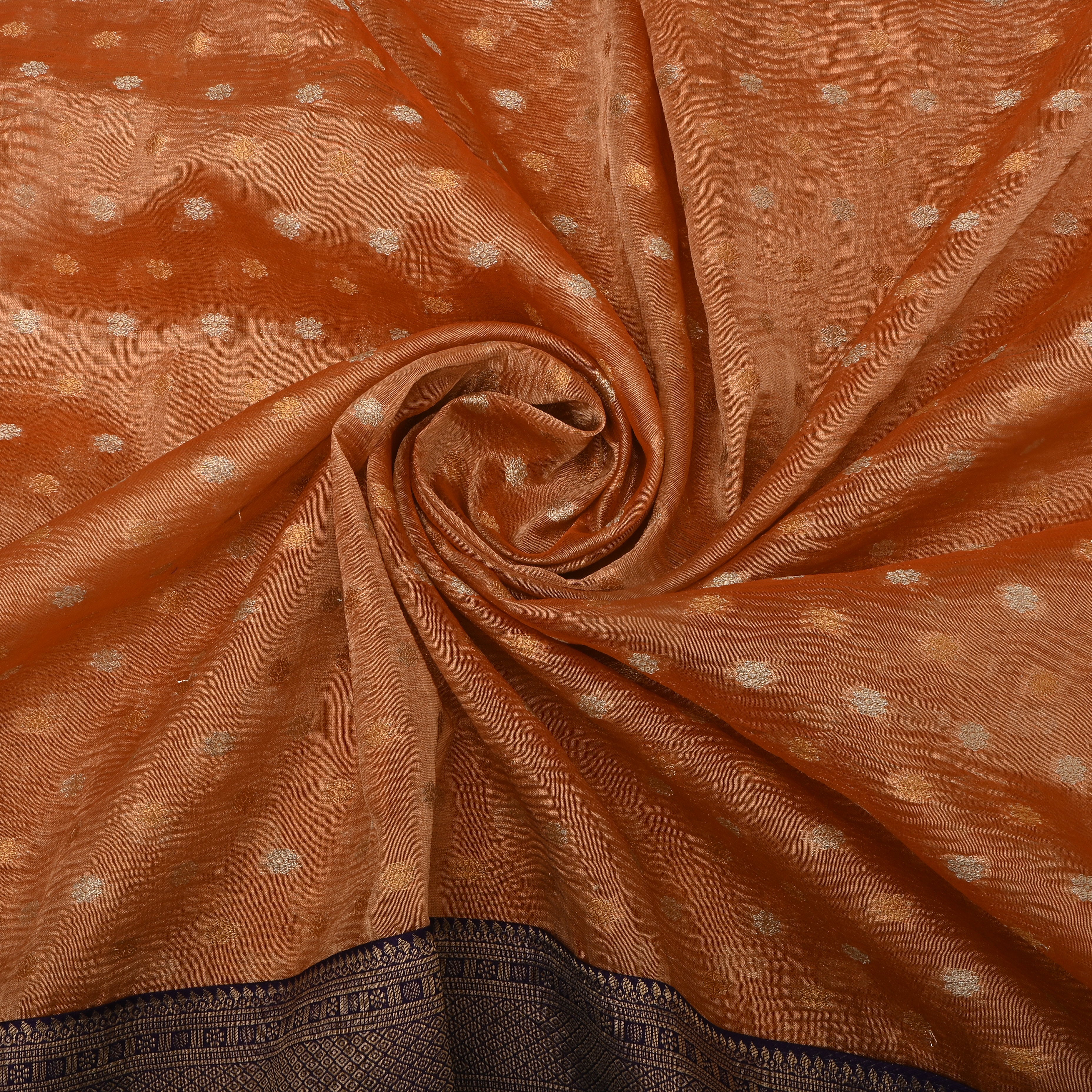 Terracotta Brown Kanchi Zari Motifs Border Jamawar Tissue Fabric