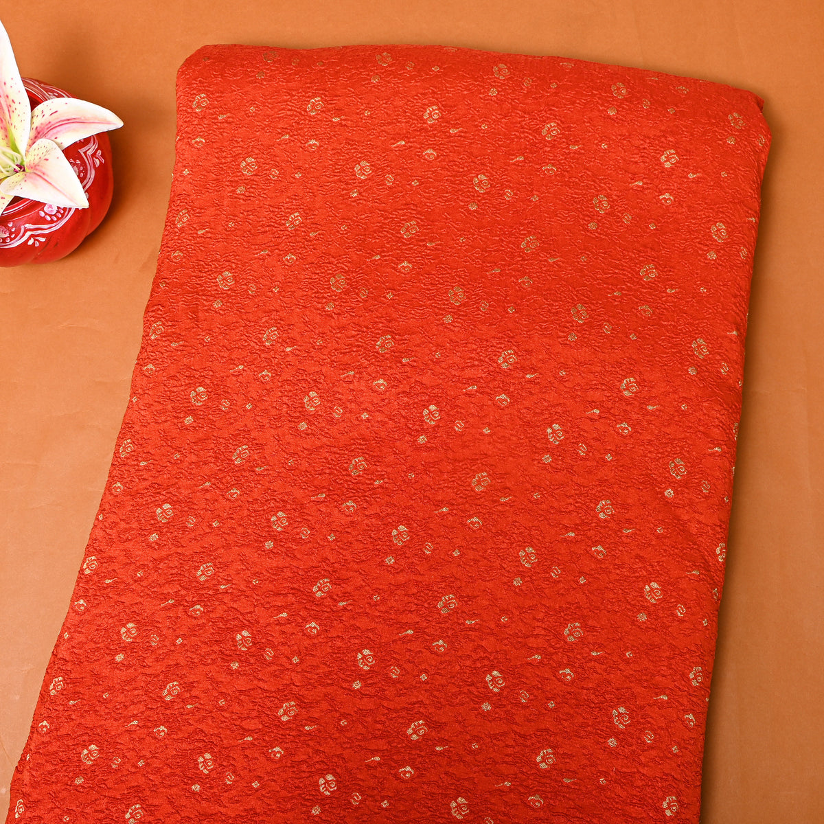 Tangerine Orange Gold Zari Butti Jamawar Silk Fabric