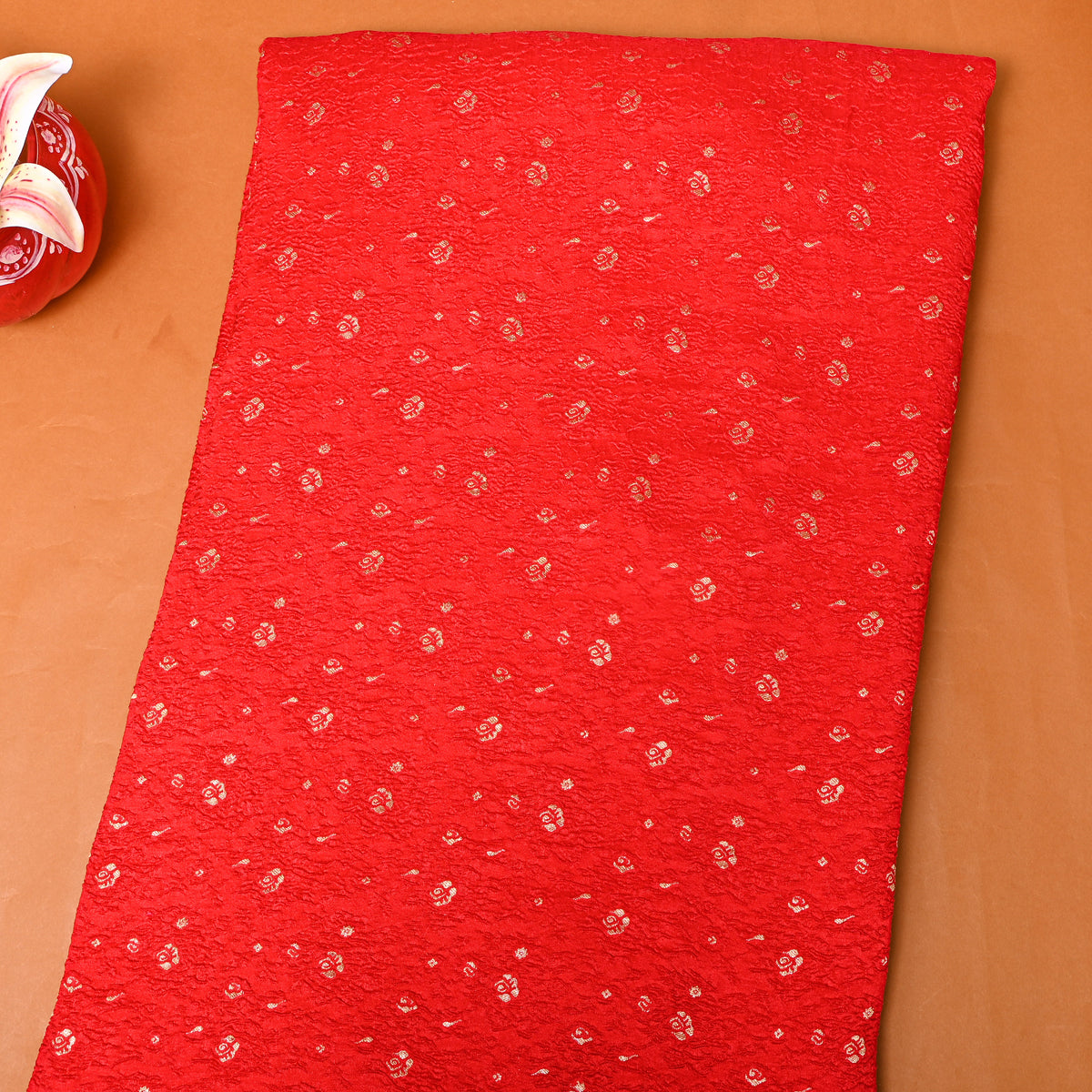Scarlet Red Gold Zari Butti Jamawar Silk Fabric