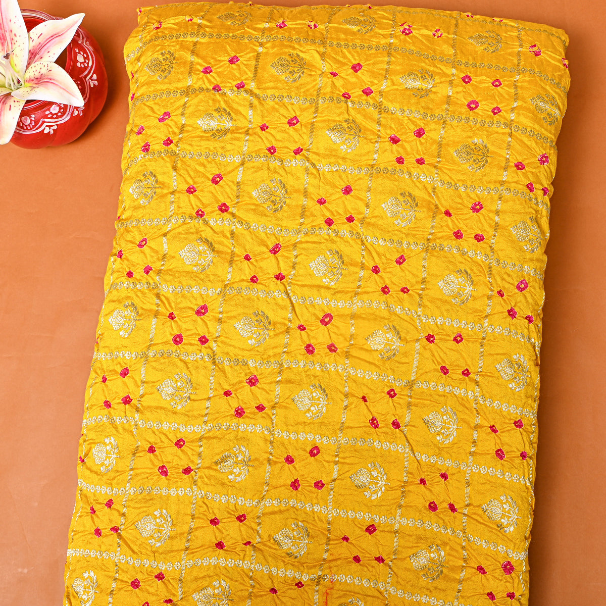 Mustard Yellow Bandhani Gold Booti Fabric