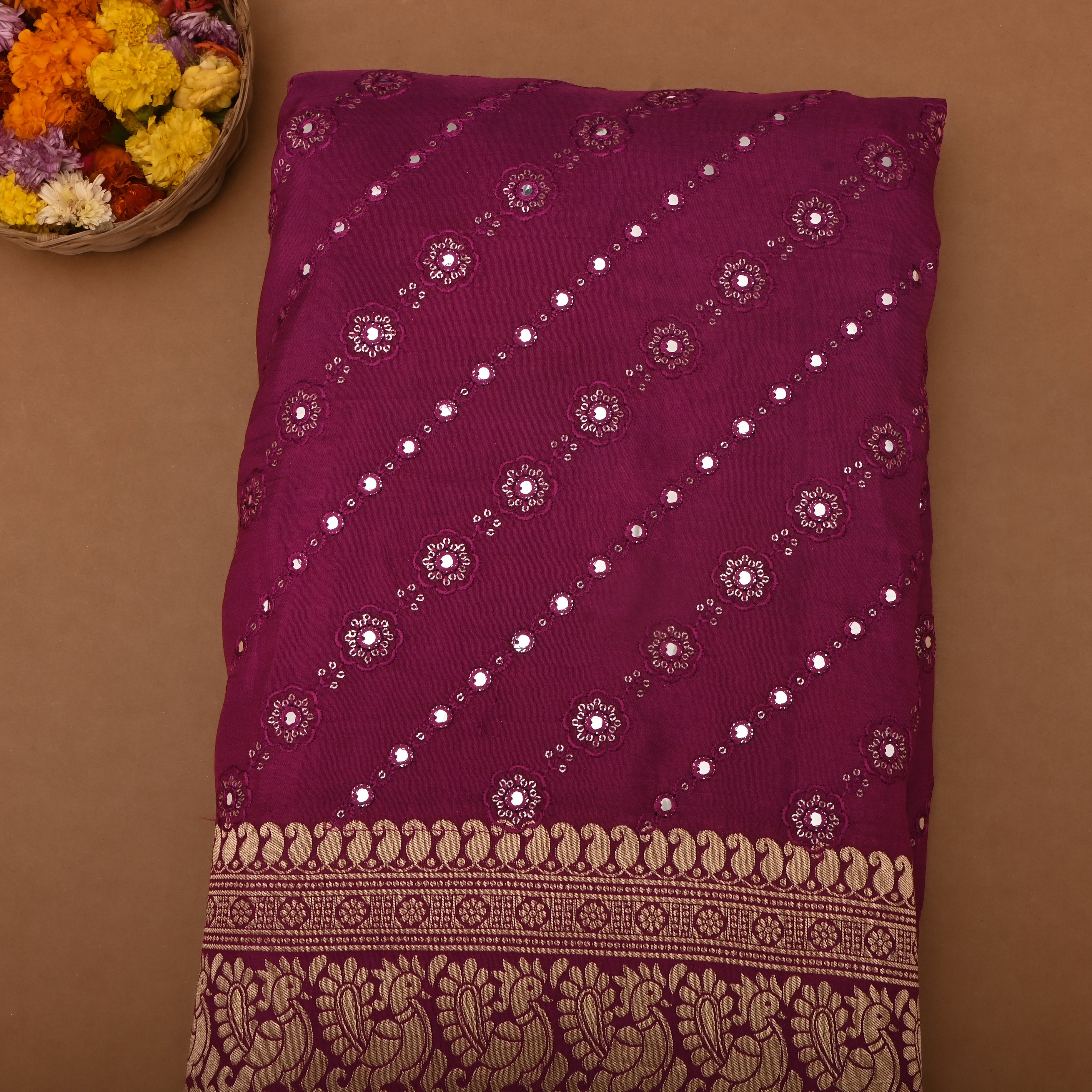 Maroon Silk Fabric With Embroidery