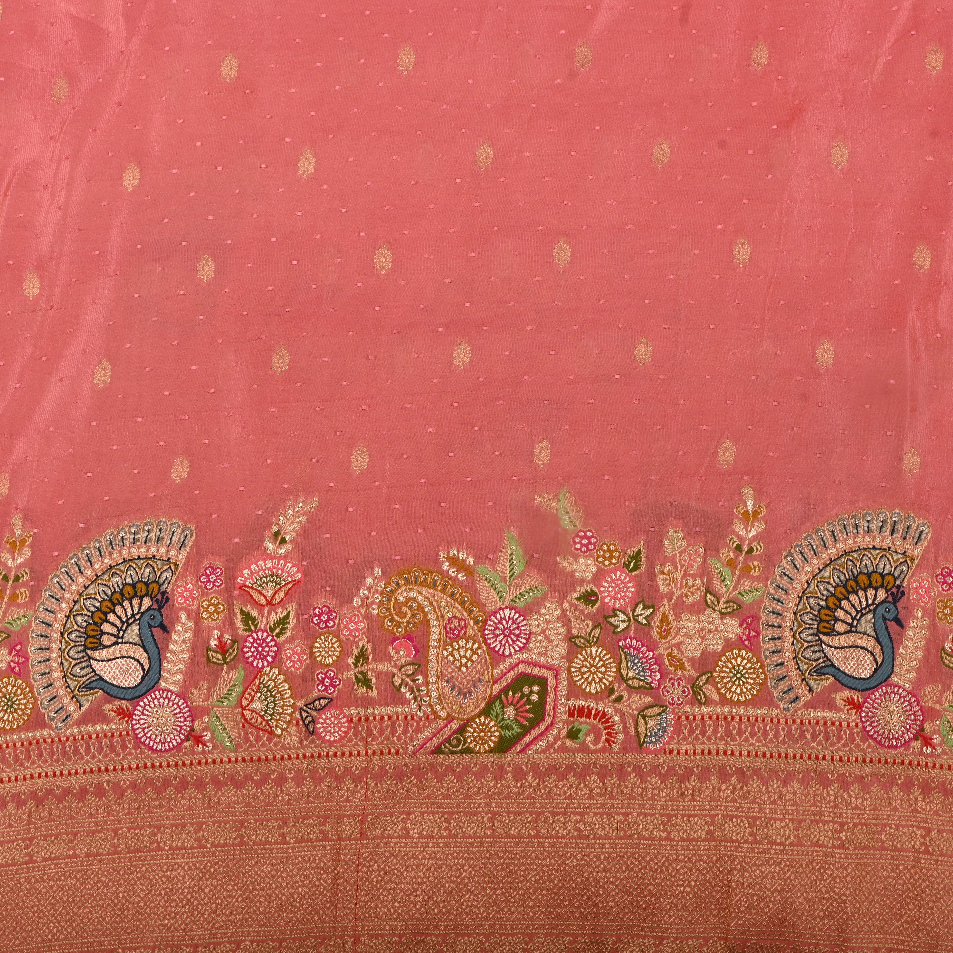Blush Pink Jamawar Tissue Fabric With Designer Border
