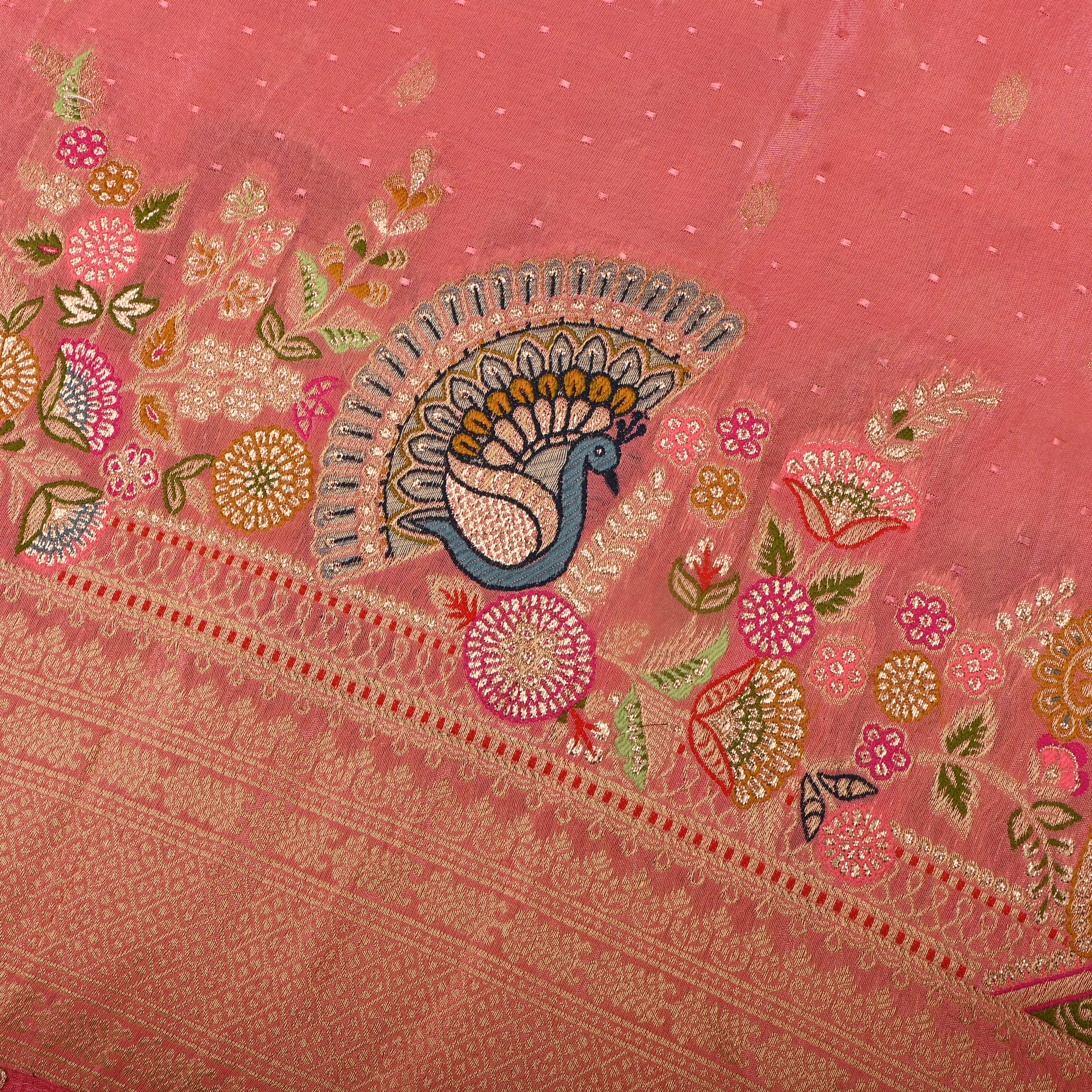 Blush Pink Jamawar Tissue Fabric With Designer Border