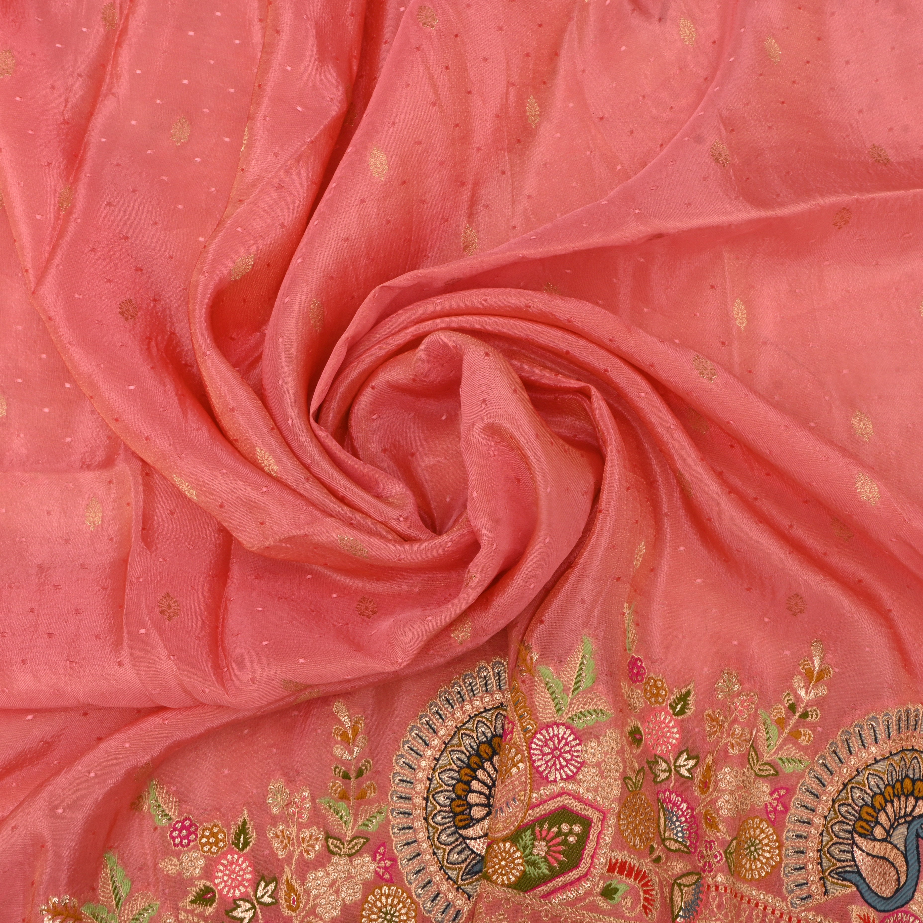 Blush Pink Jamawar Tissue Fabric With Designer Border