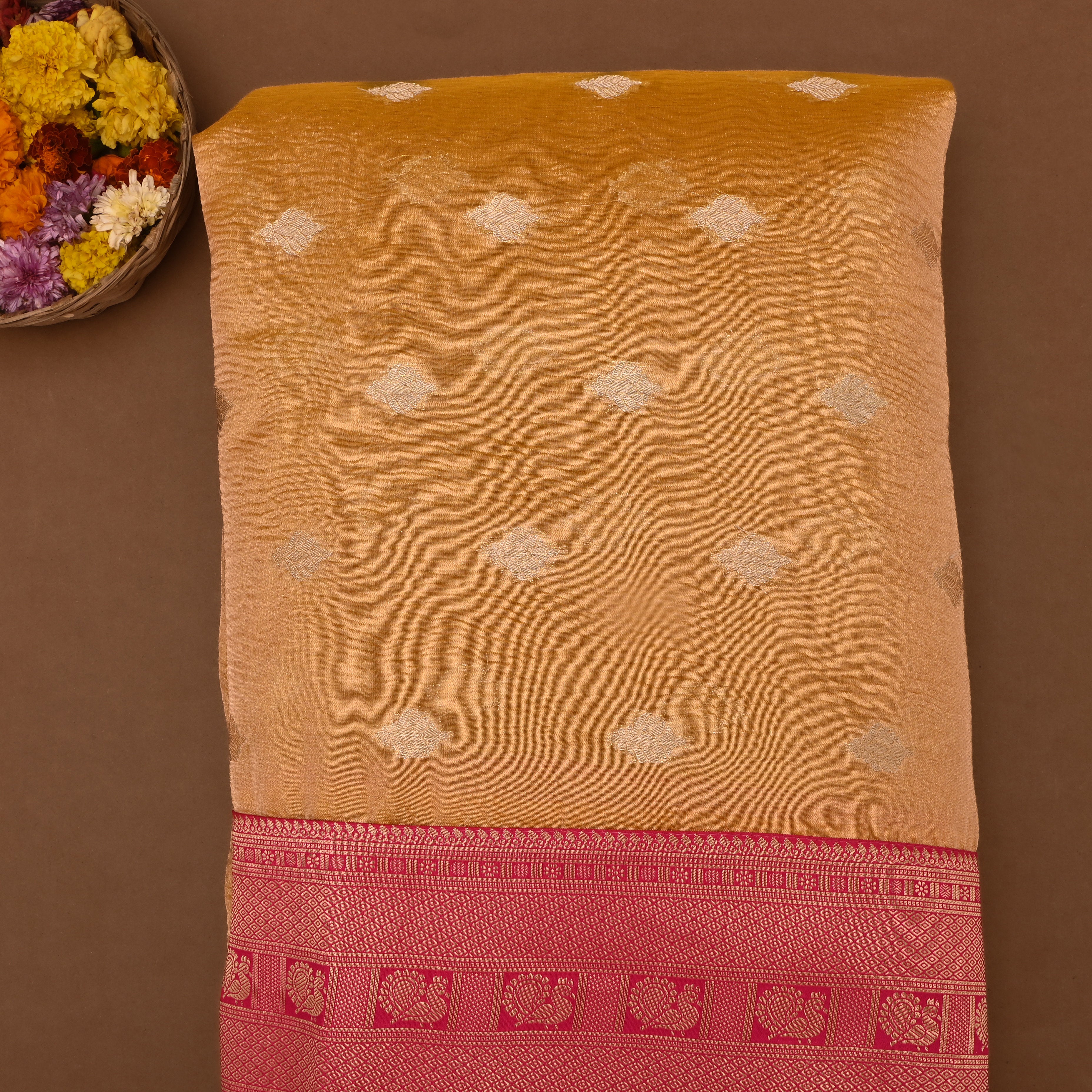 California Peach Jamawar Tissue Fabric With Contrast Border