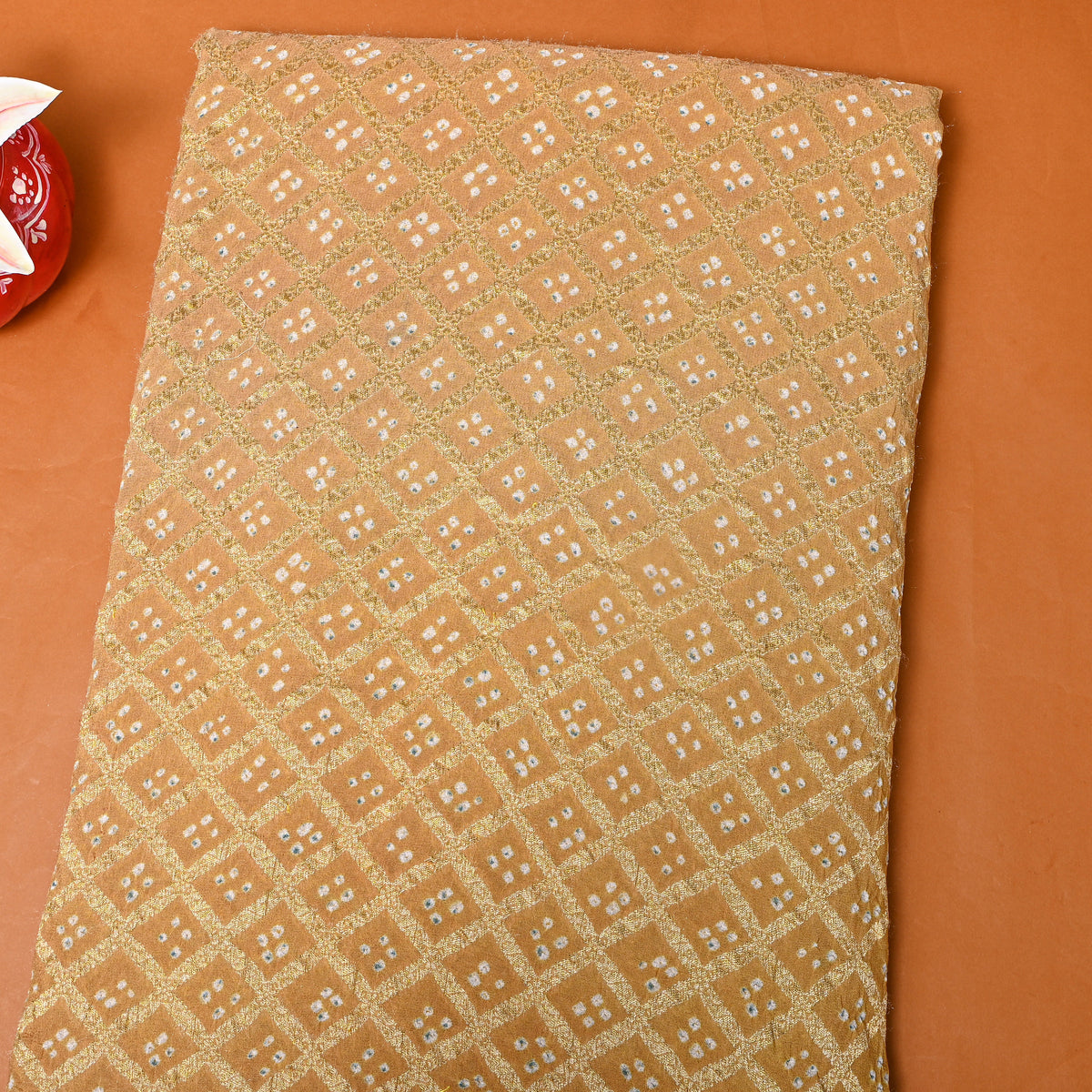 Beige Gold Geometric Bandhani Silk Fabric