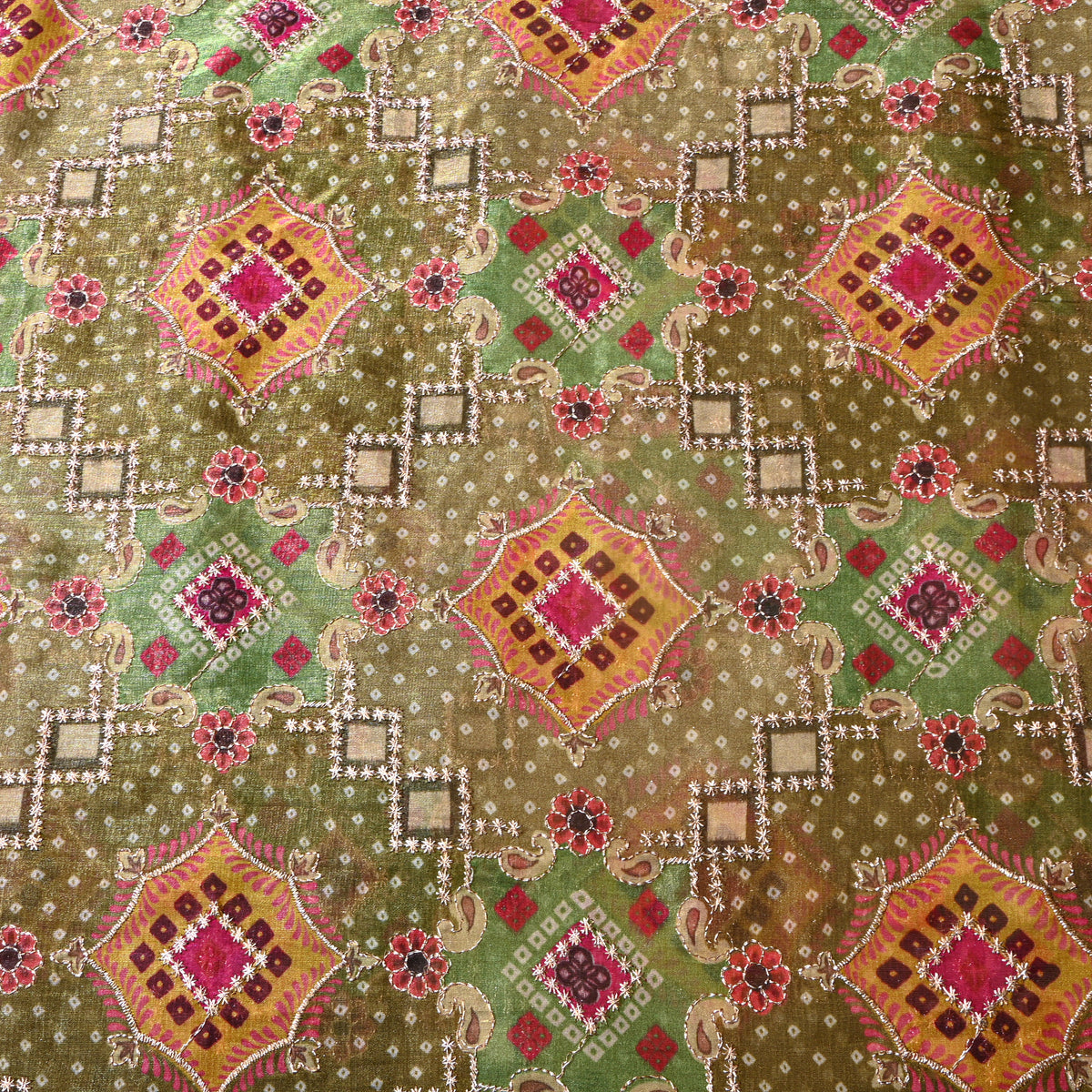 Olive Green Bandhani Geometric Print Tissue Fabric