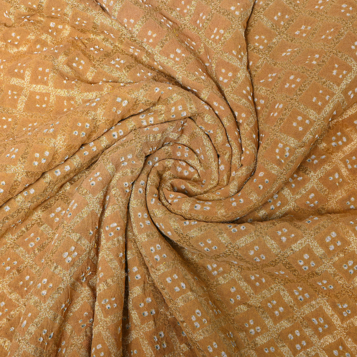 Beige Gold Geometric Bandhani Silk Fabric