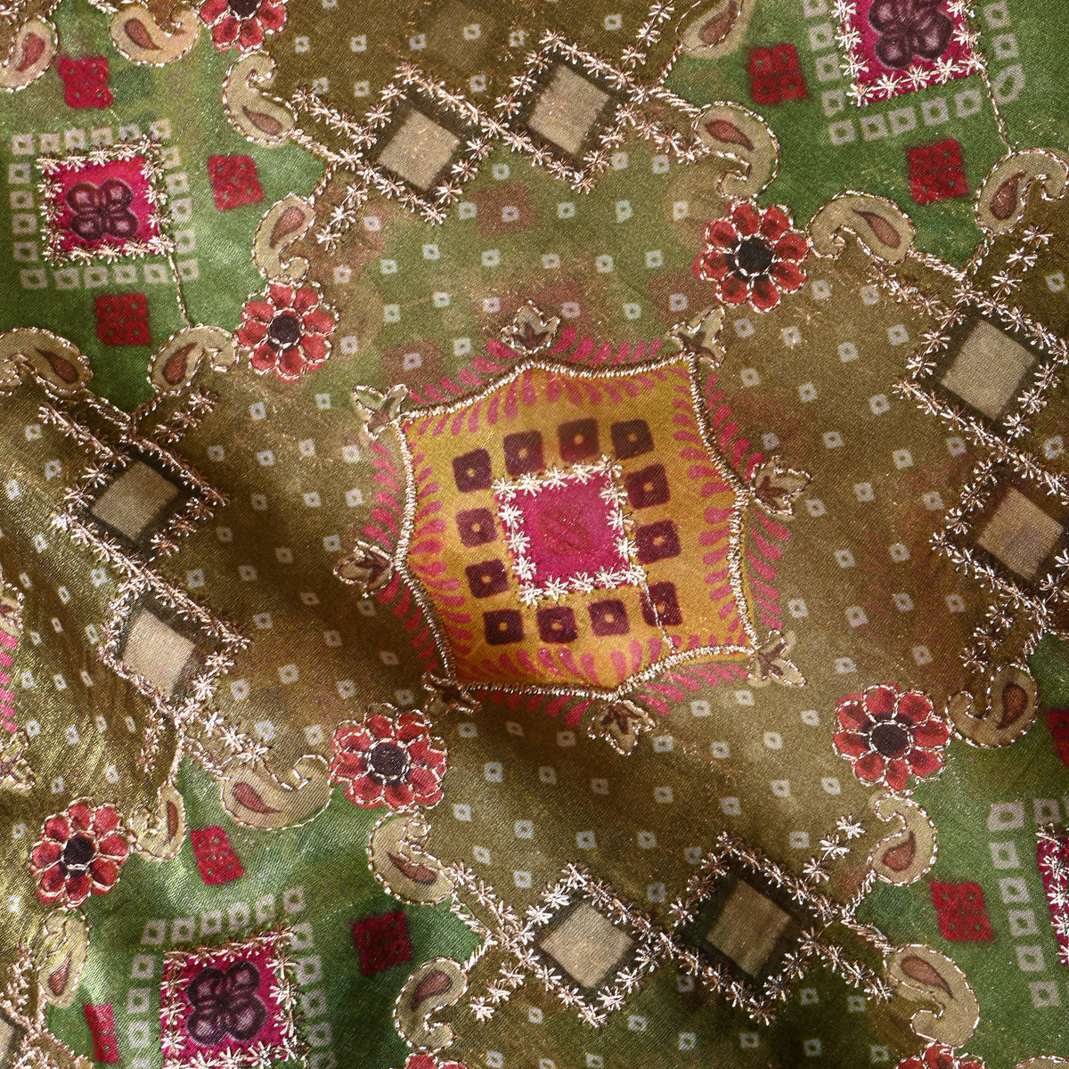 Olive Green Bandhani Geometric Print Tissue Fabric