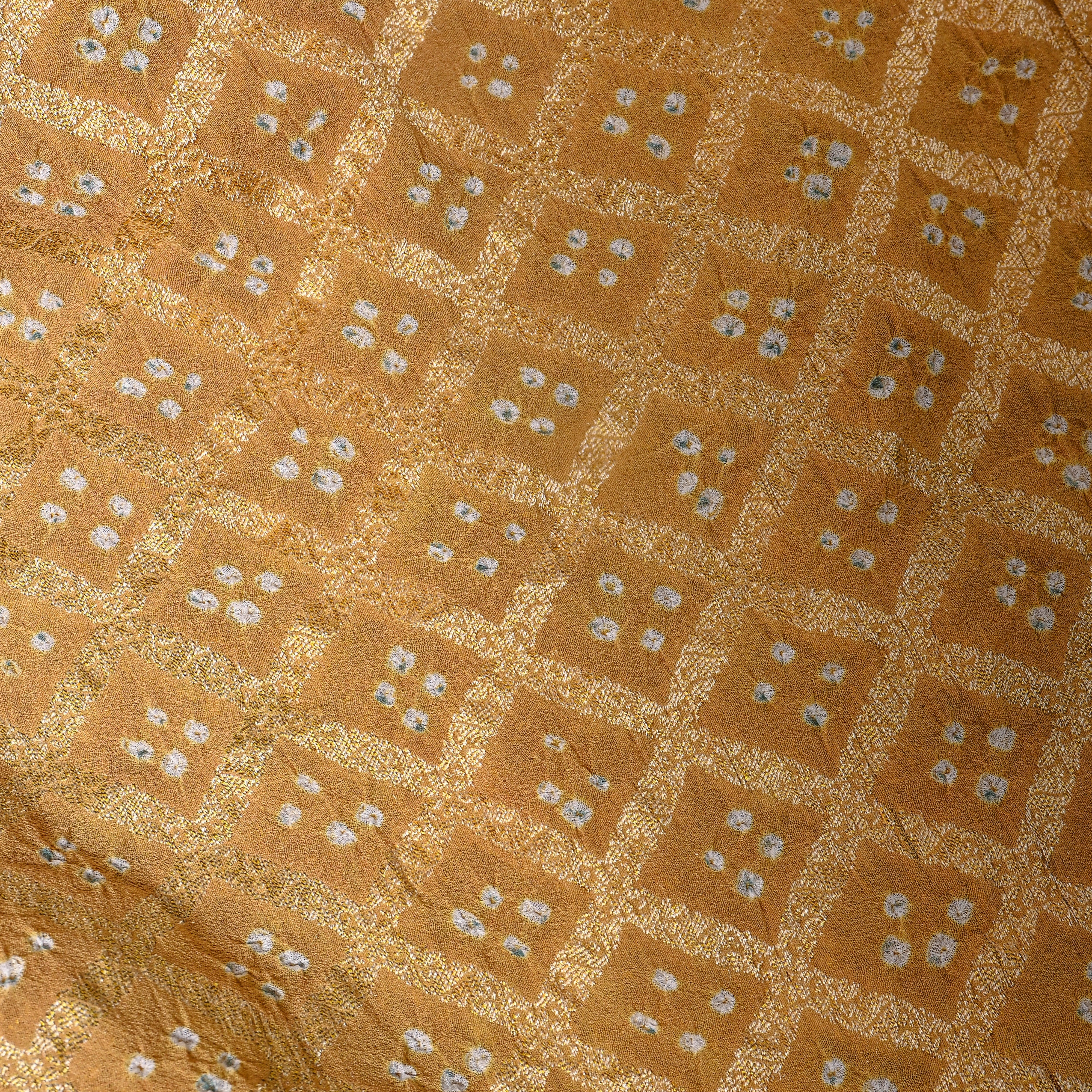 Beige Gold Geometric Bandhani Silk Fabric