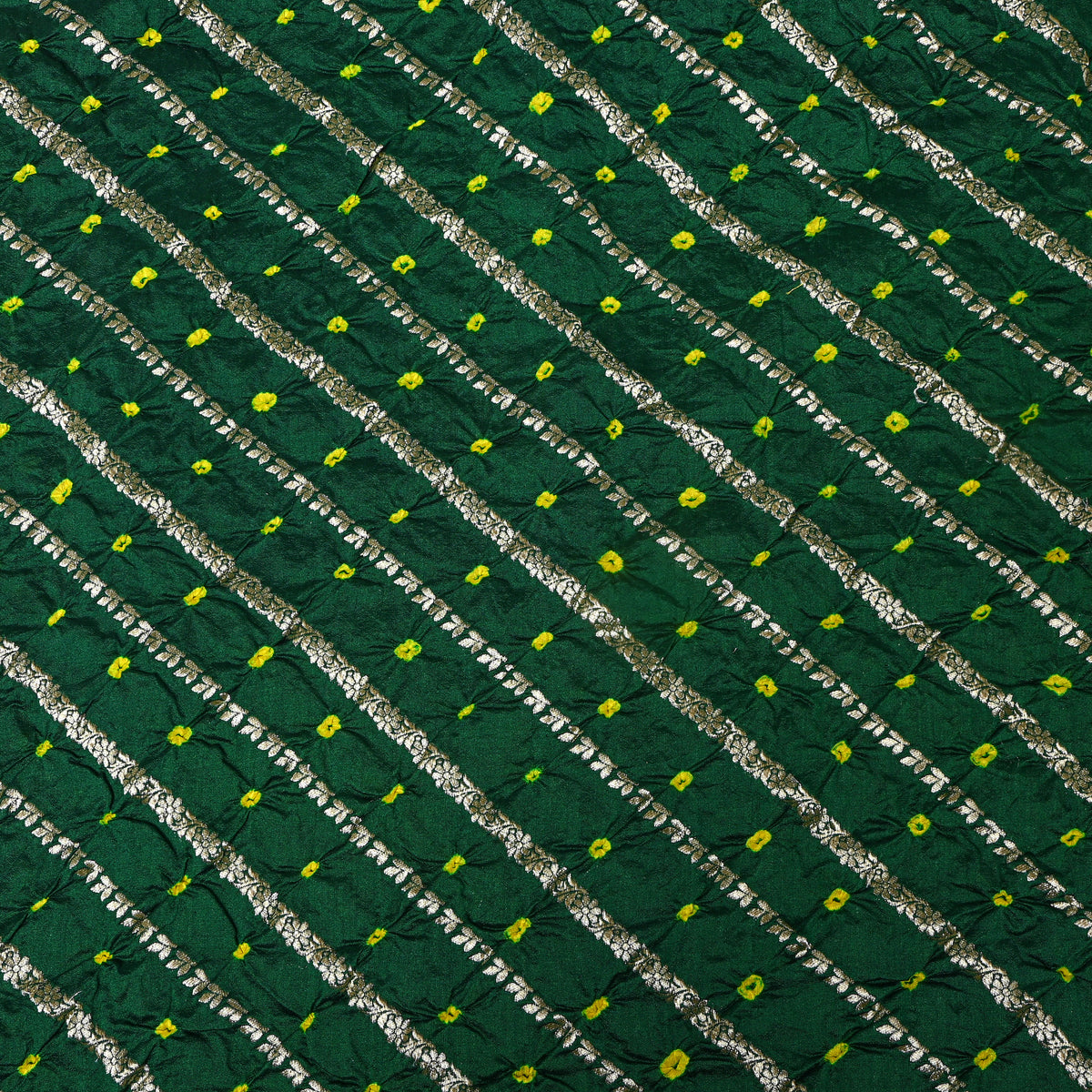 Dark Green Gold Zari Stripe Bandhani Fabric