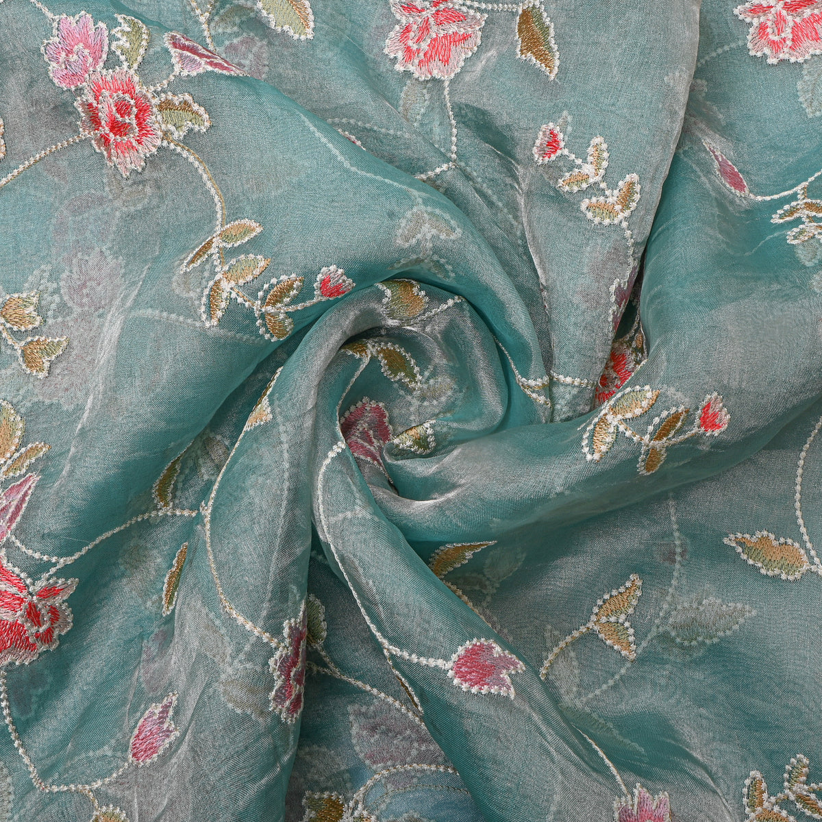 Dusty Aqua Organza Tissue With Floral Thread Embroidery