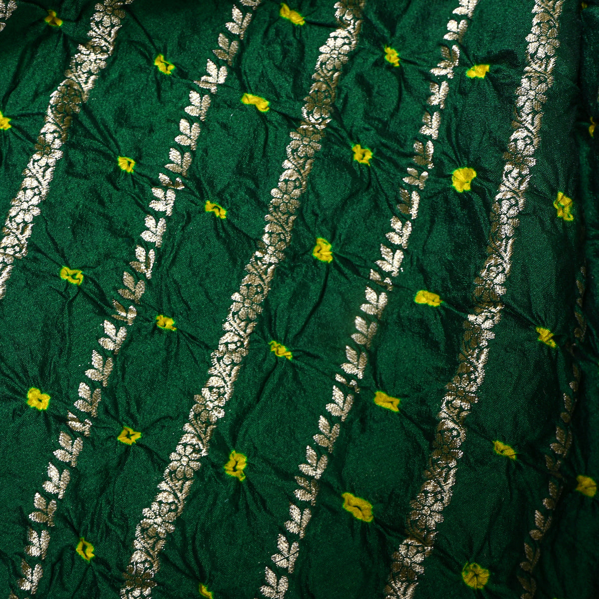 Dark Green Gold Zari Stripe Bandhani Fabric