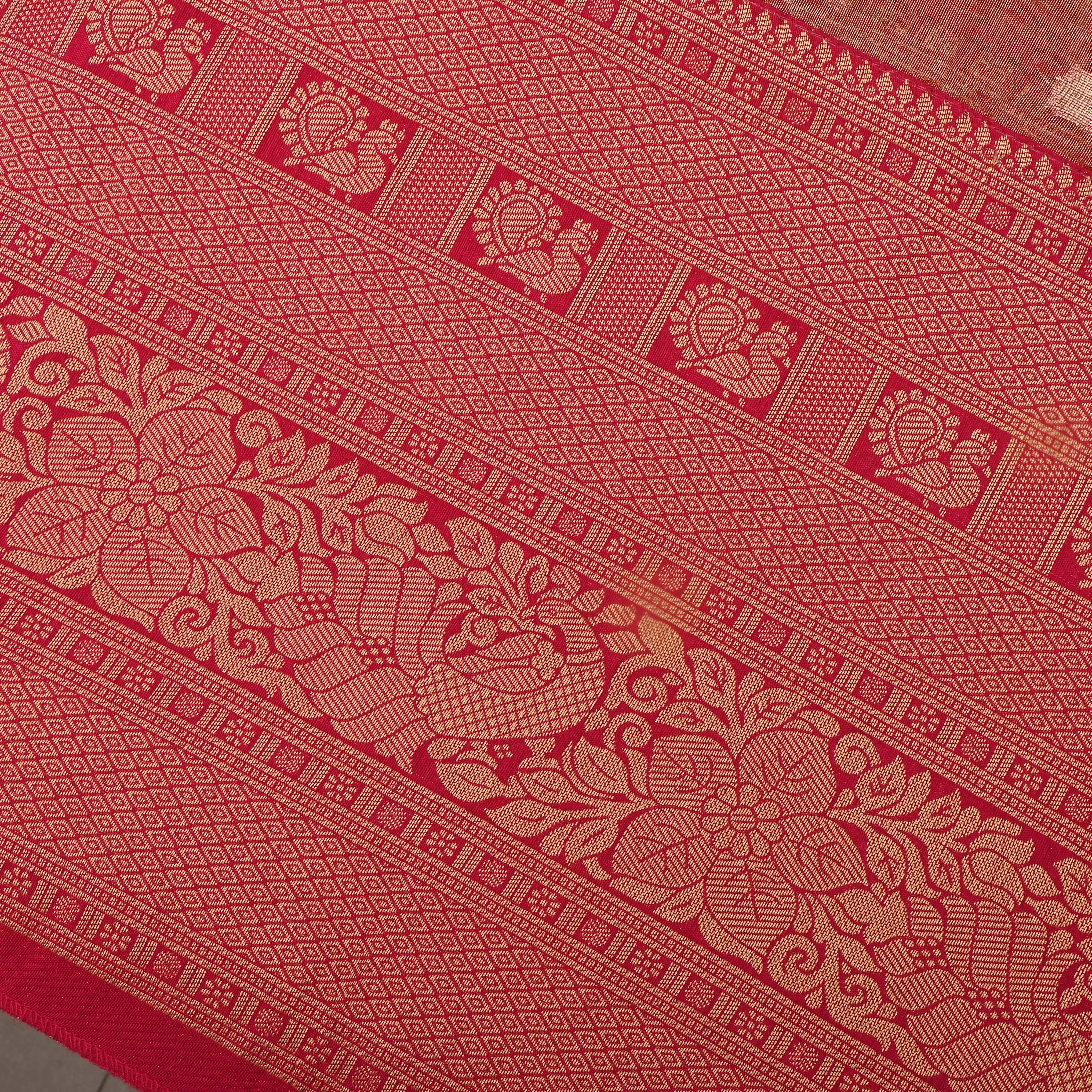 Coral Glow Jamawar Tissue Fabric With Contrast Border