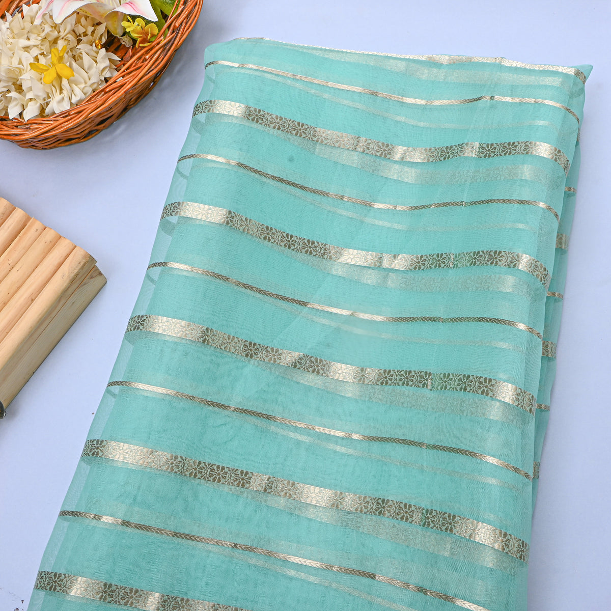 Light Blue Gold Zari Striped Jamawar Organza Fabric