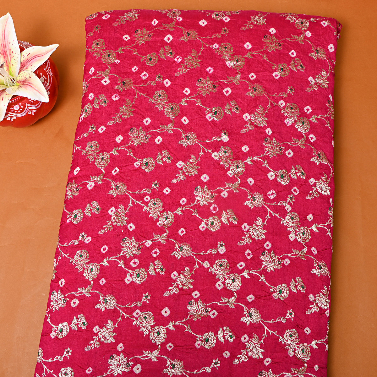 Dark Pink Gold Zari Floral Jaal Bandhani Fabric