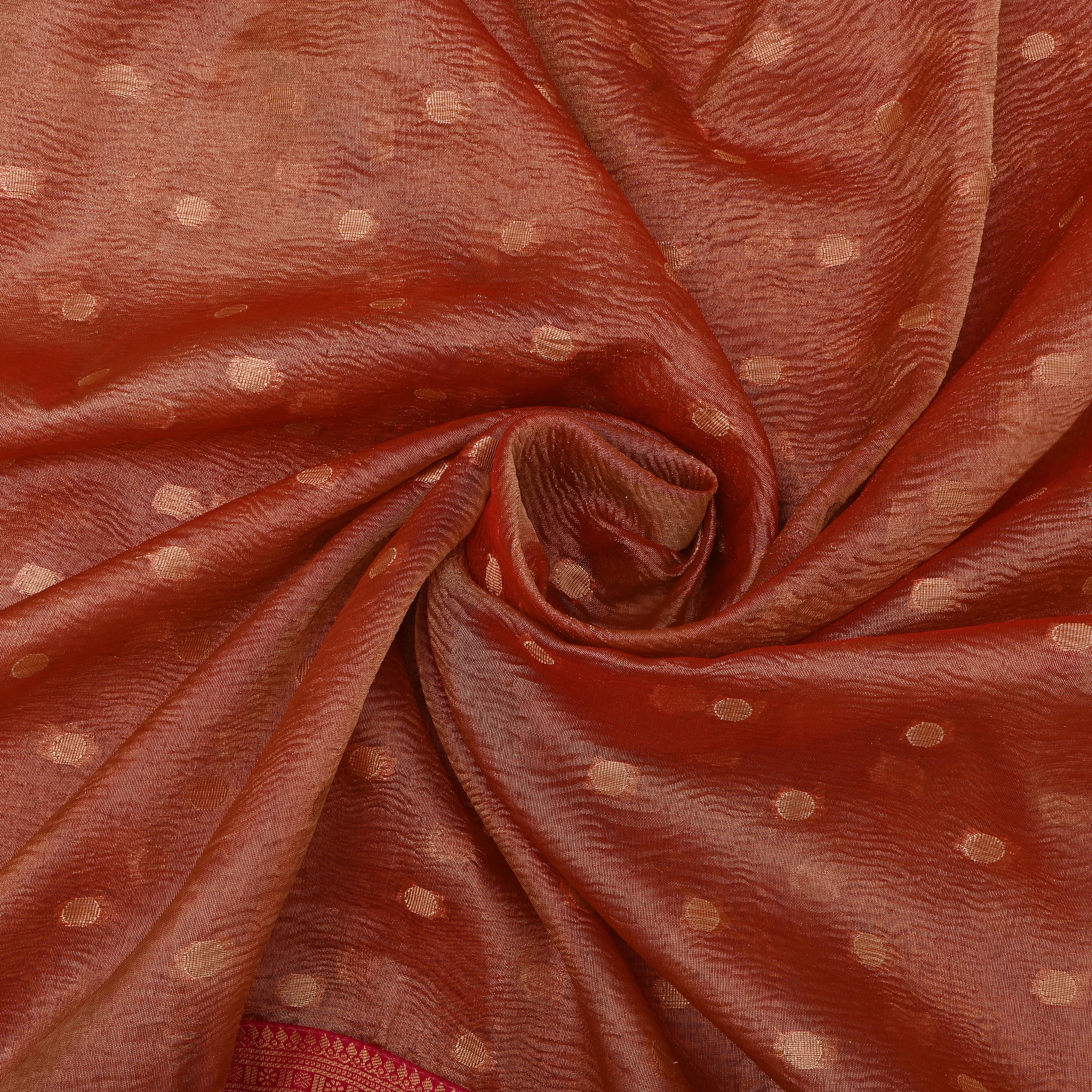 Coral Glow Jamawar Tissue Fabric With Contrast Border