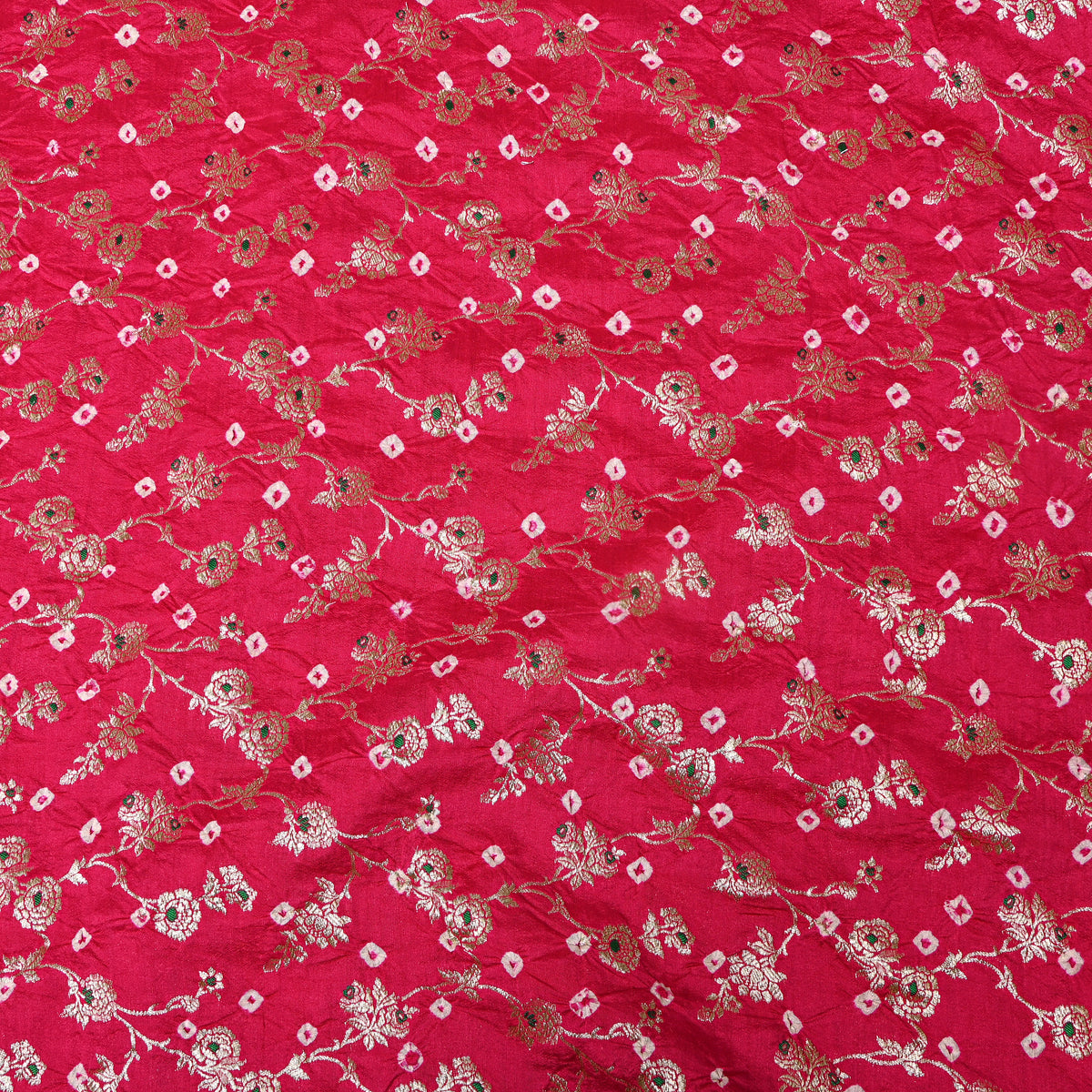 Dark Pink Gold Zari Floral Jaal Bandhani Fabric