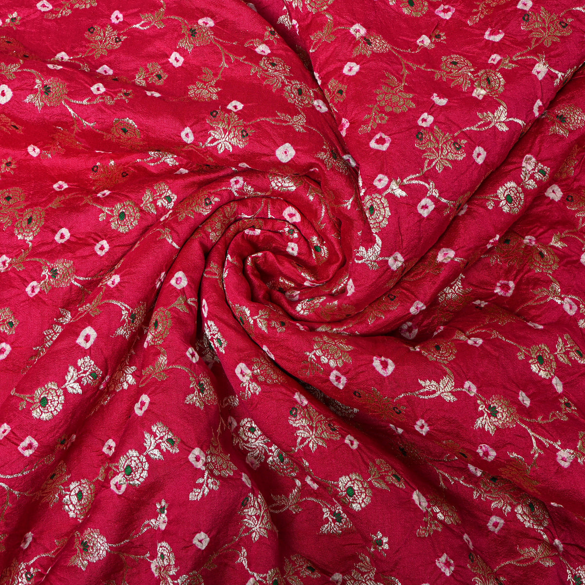 Dark Pink Gold Zari Floral Jaal Bandhani Fabric