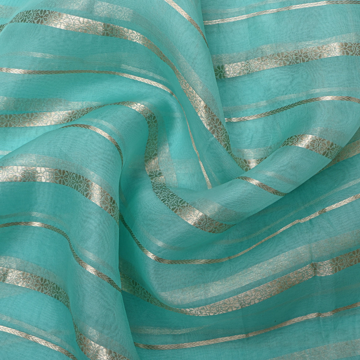 Light Blue Gold Zari Striped Jamawar Organza Fabric