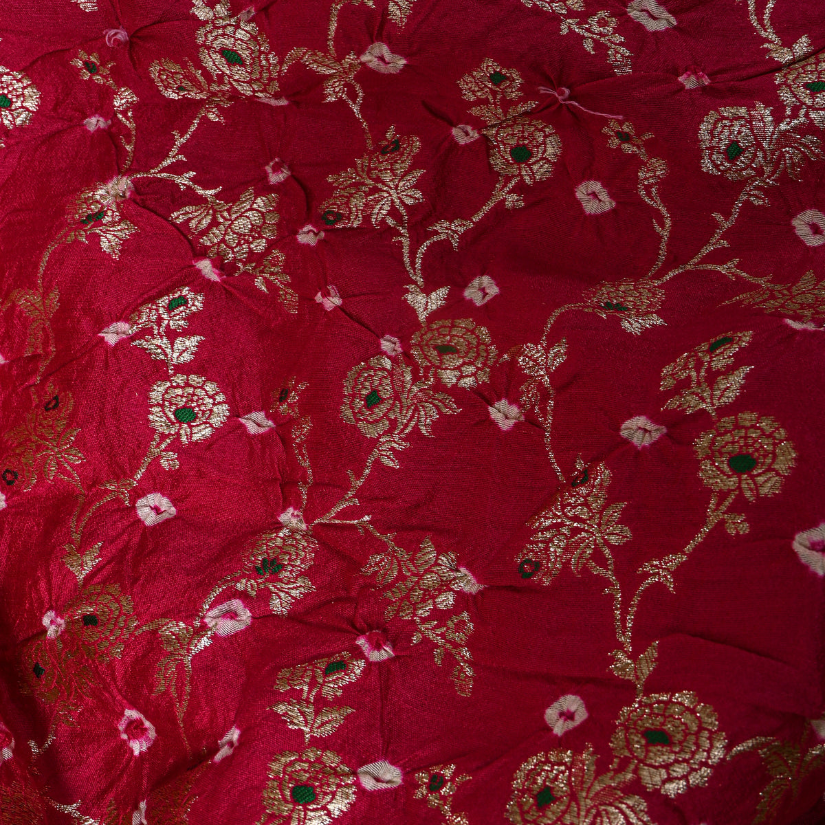 Dark Pink Gold Zari Floral Jaal Bandhani Fabric